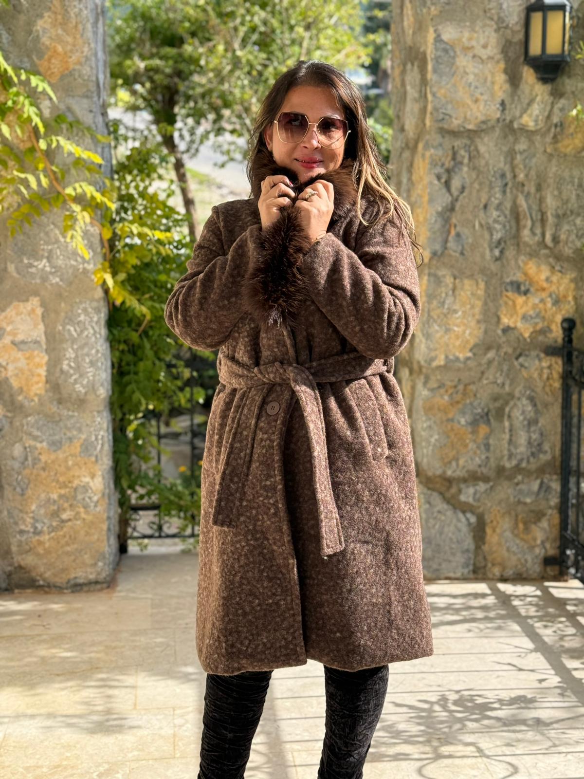 YG9220 Kürklü Bağlamalı İtalyan Keçe Kaban Kahverengi