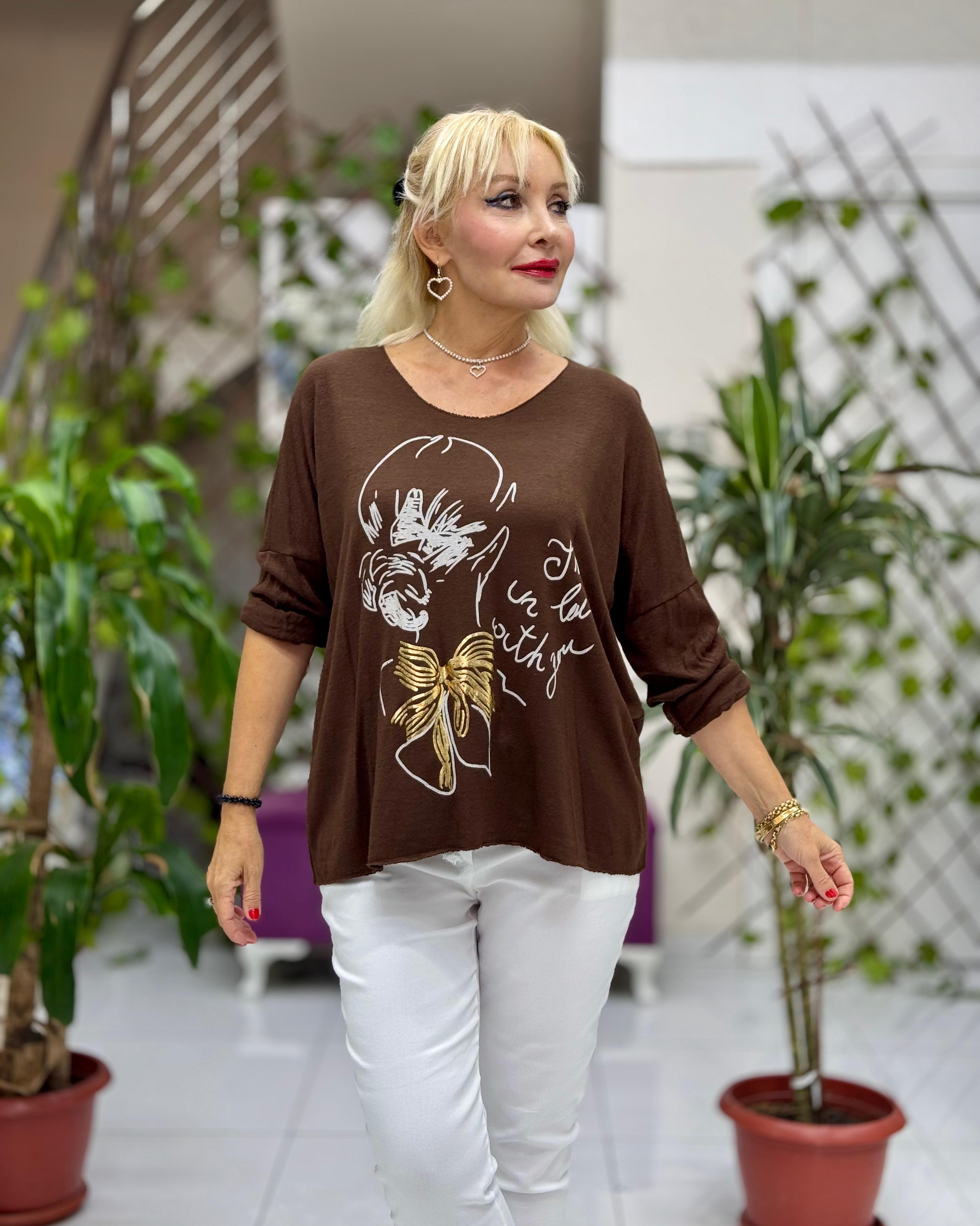 YG5810 Baskılı İtalyan Triko Bluz Kahverengi