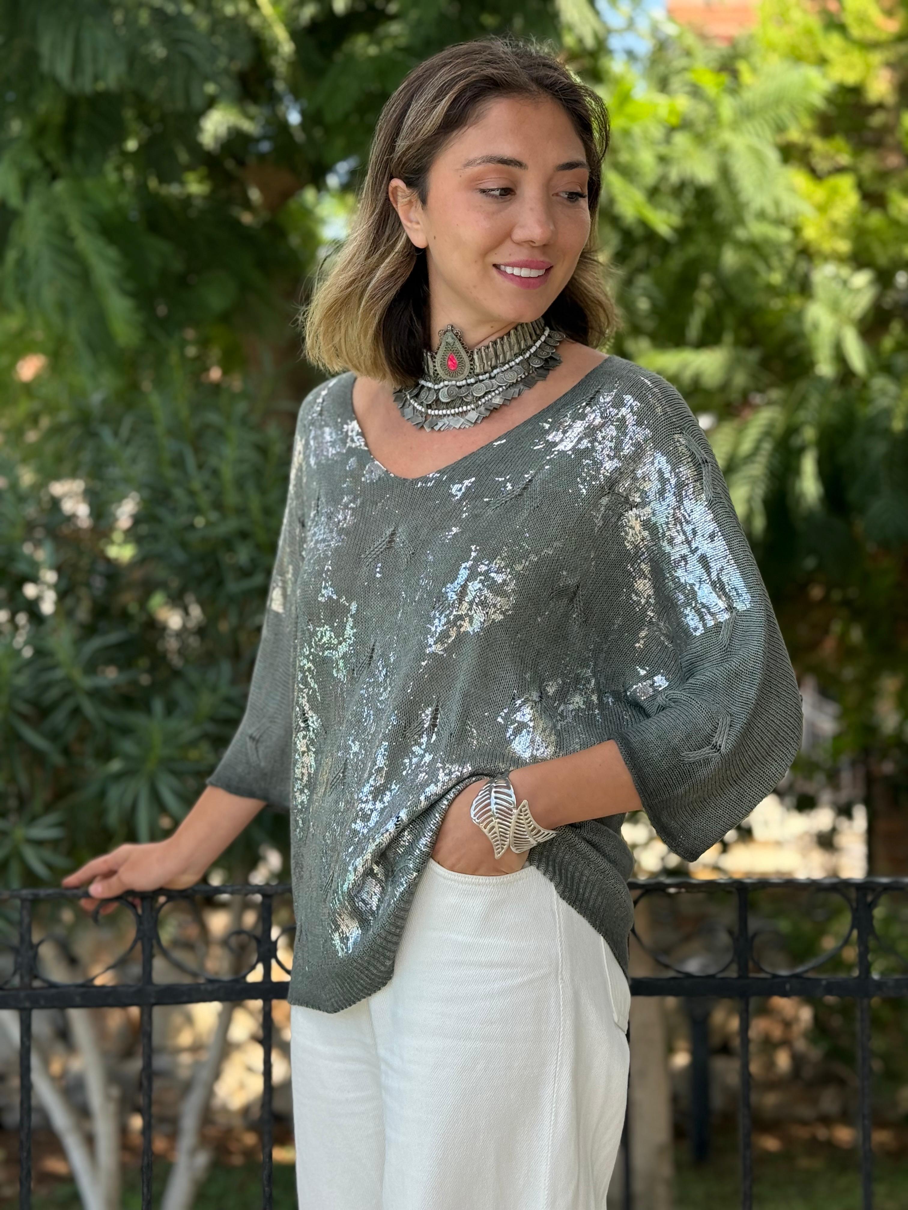 NC6016 İtalyan Fakir Kol Baskılı İnce Triko Bluz Haki