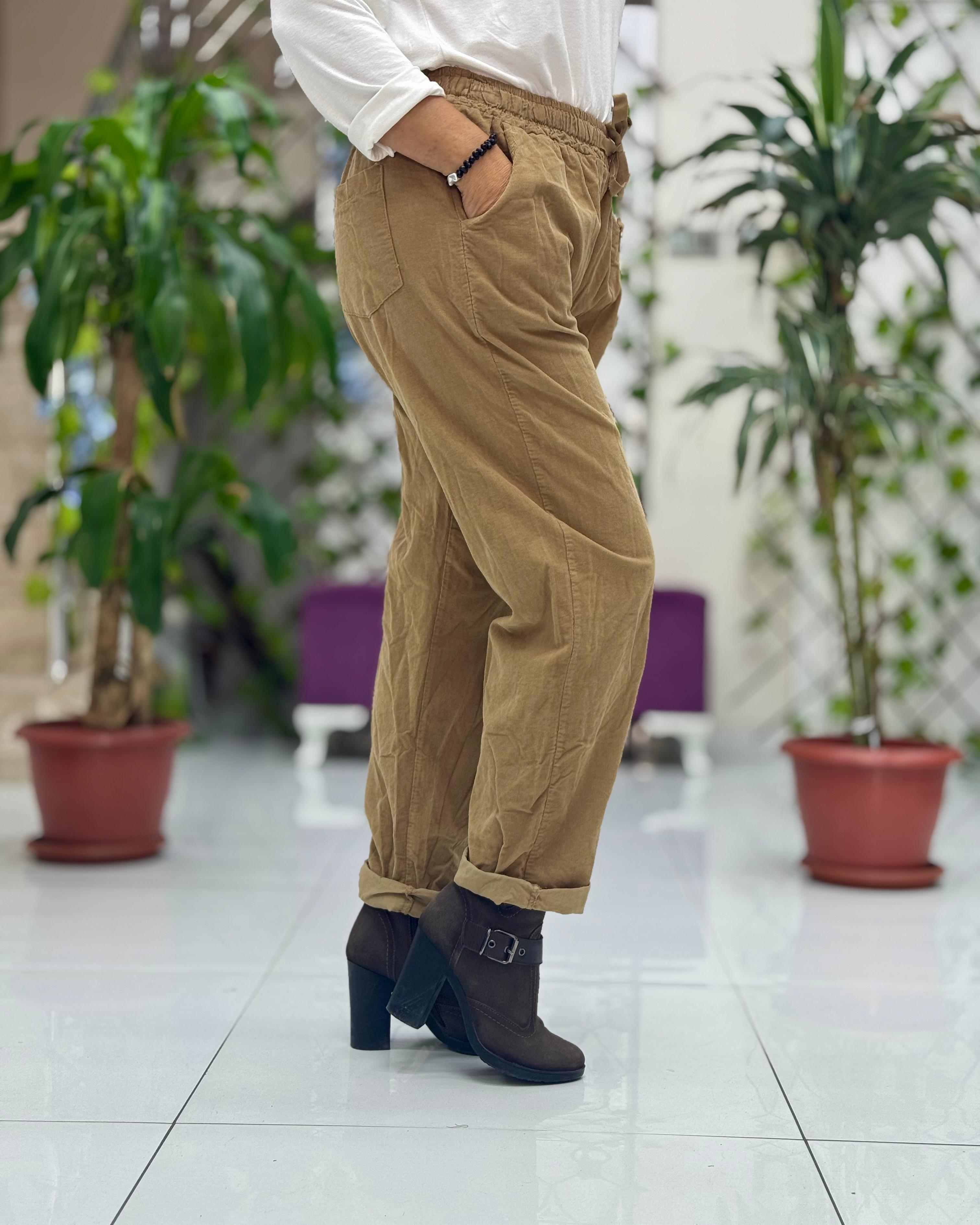 YG3005 Beli Bağcıklı İtalyan Kadife Pantolon Camel