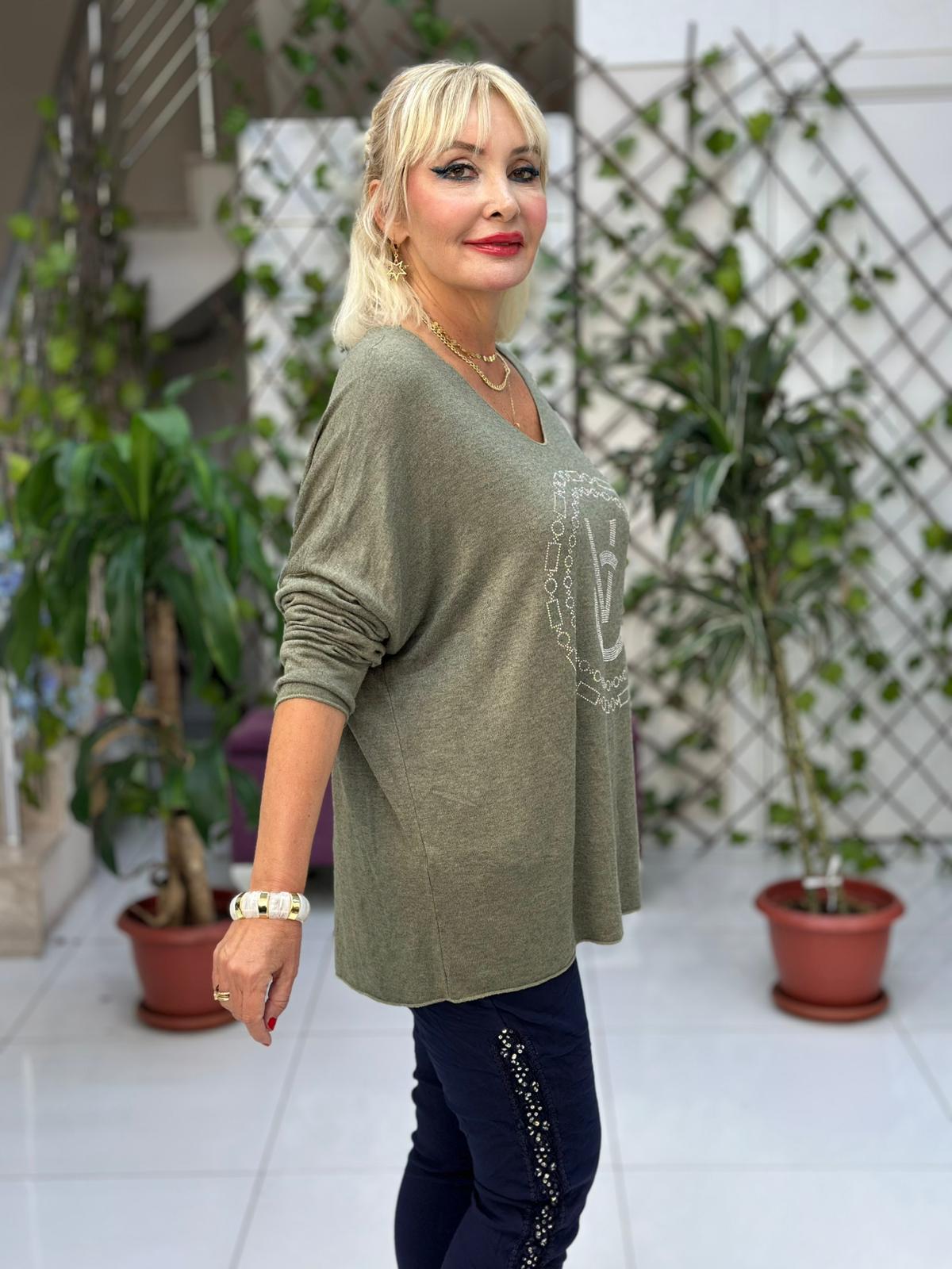 LS82681 İtalyan Taş Baskılı Triko Bluz Haki