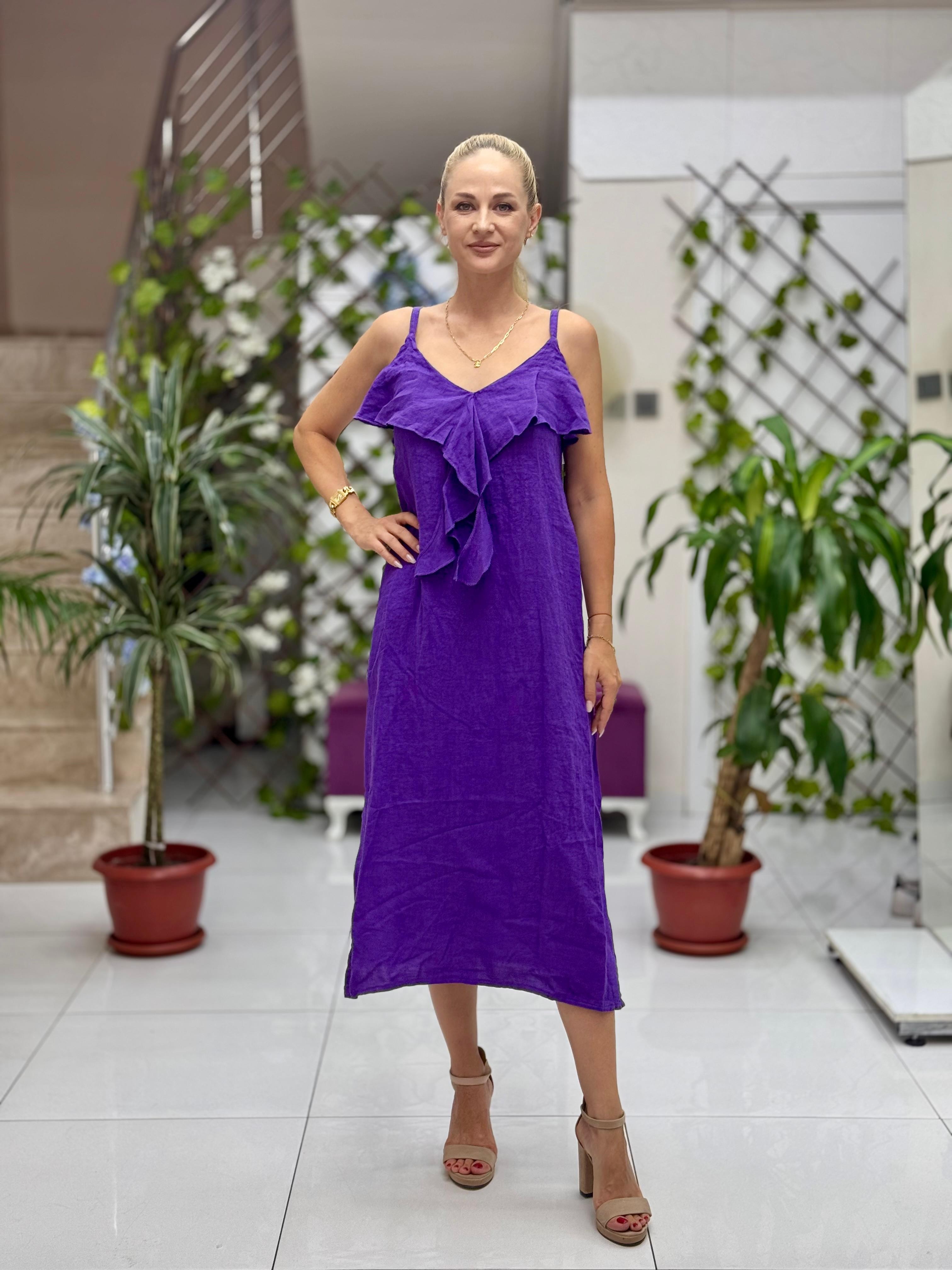 NC2132 İp Askılı Keten Önü Fırfırlı İtalyan Elbise Mor