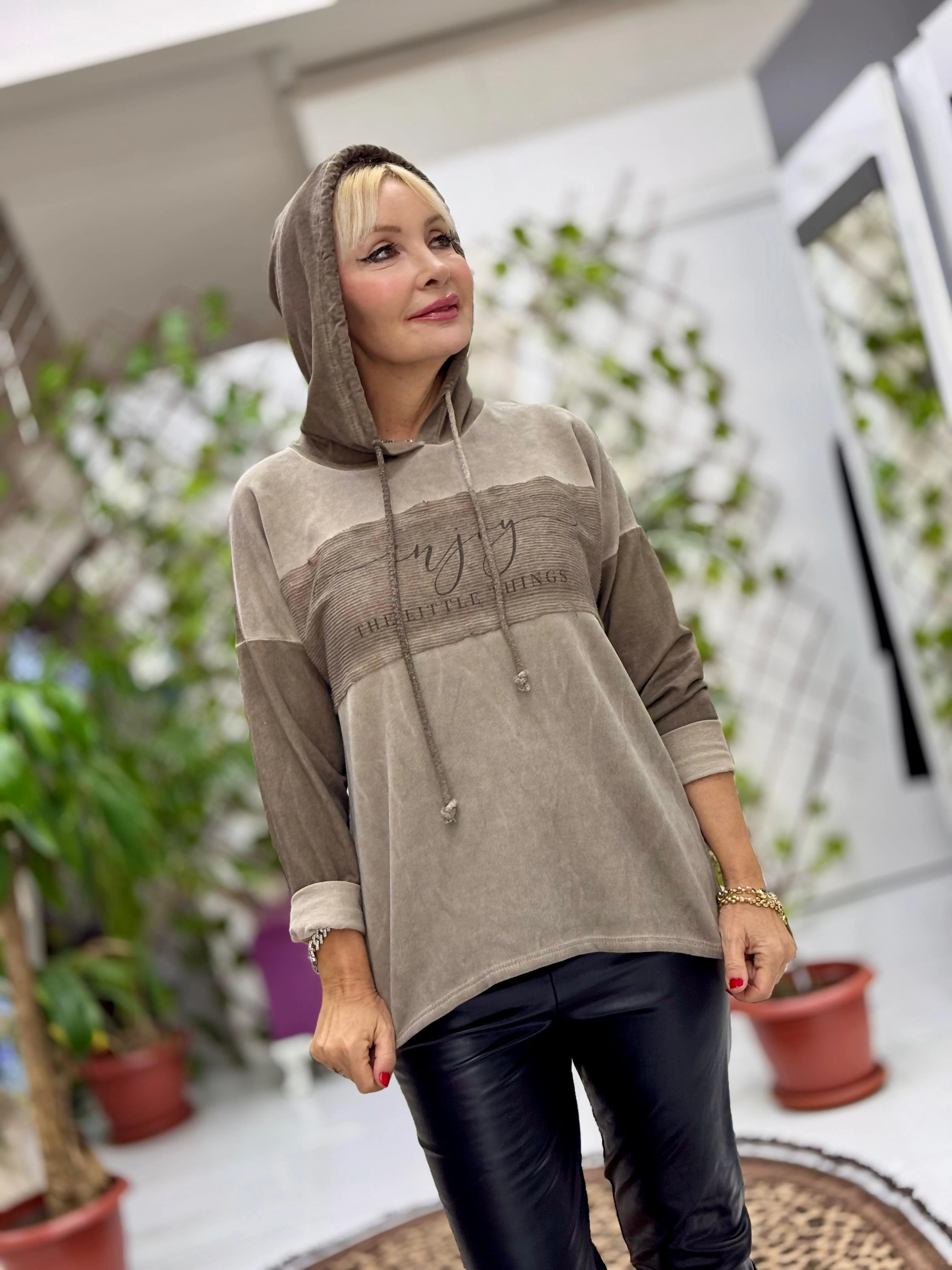 NC56868 İtalyan Enjoy Yazılı Kapüşonlu Coton Sweatshirt Kahverengi