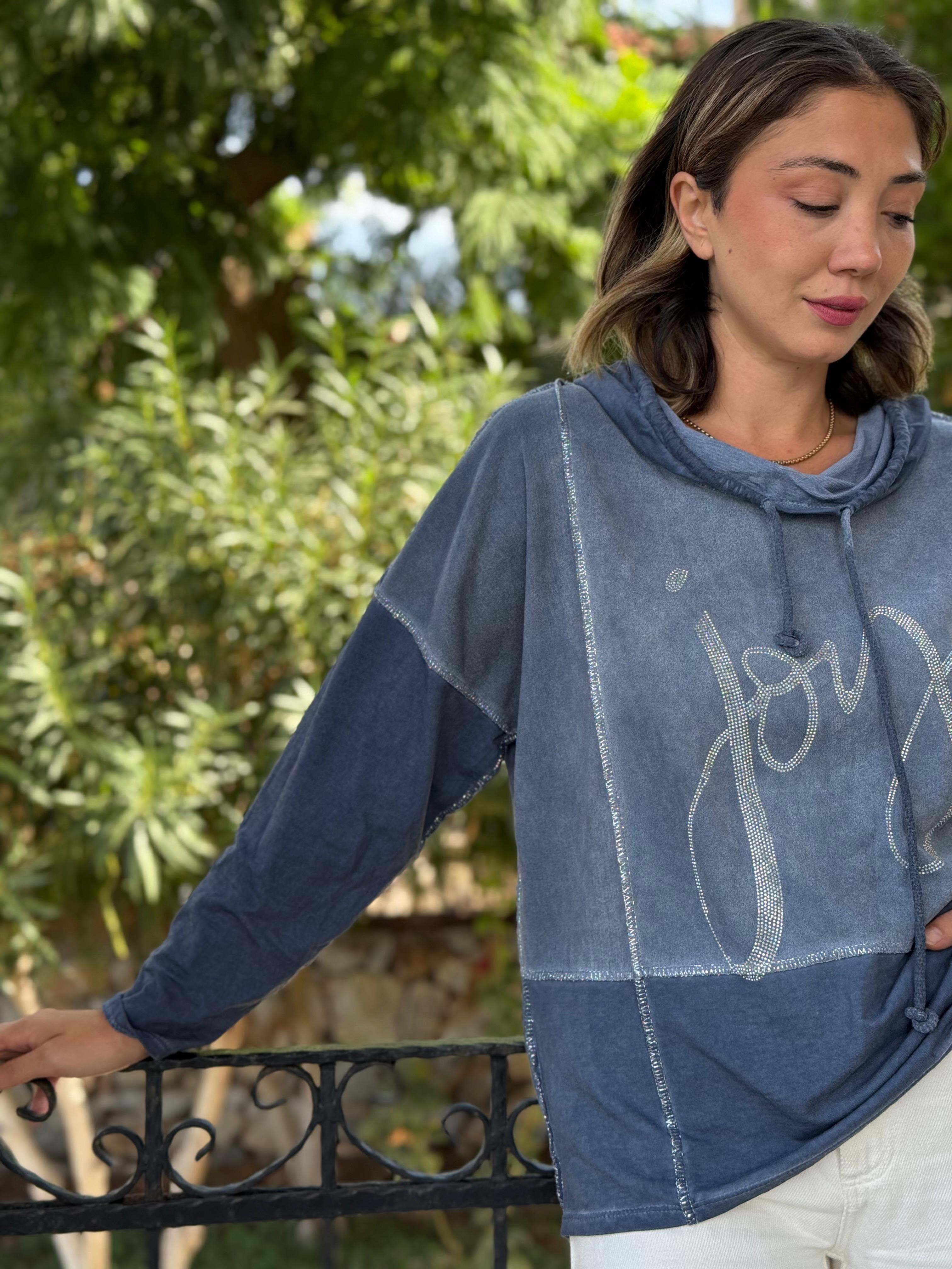 NC18533 İtalyan Joy Taşlı Kapüşonlu Coton Sweatshirt Mavi
