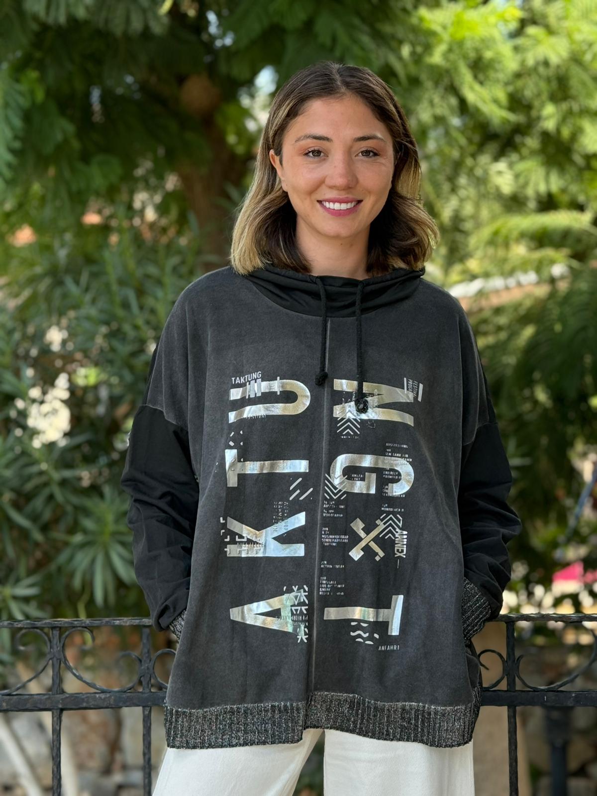 NC53050D İtalyan Yazı Baskılı Cepli Kapüşonlu Coton Sweatshirt Siyah