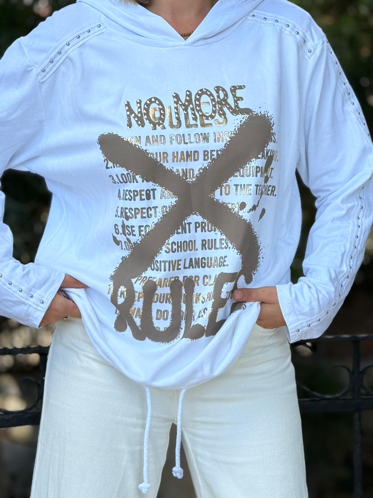 NC59085 İtalyan Yazı Baskılı Kol Zımbalı Kapişonlu Sweatshirt Beyaz