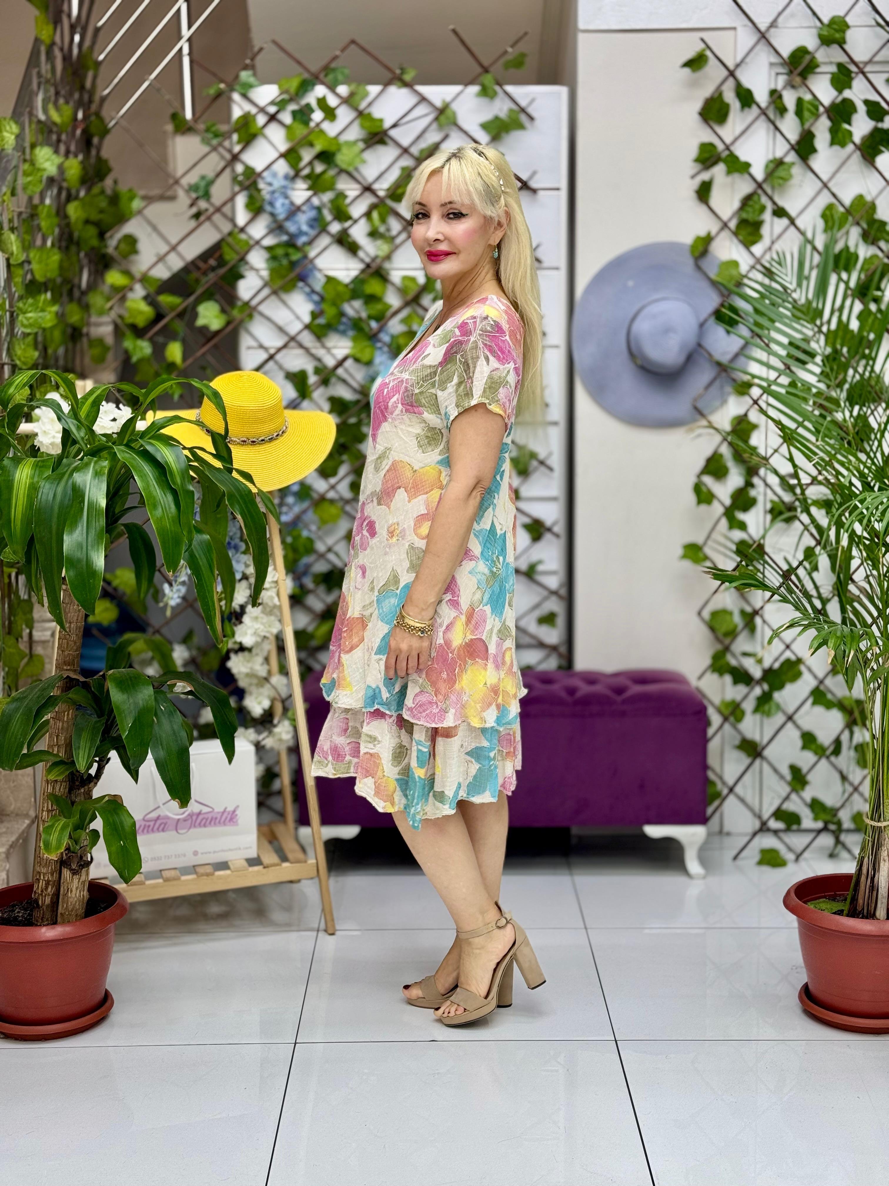 N5012-26 Vestido Italiano Manga Corta Algodón Lino Azul