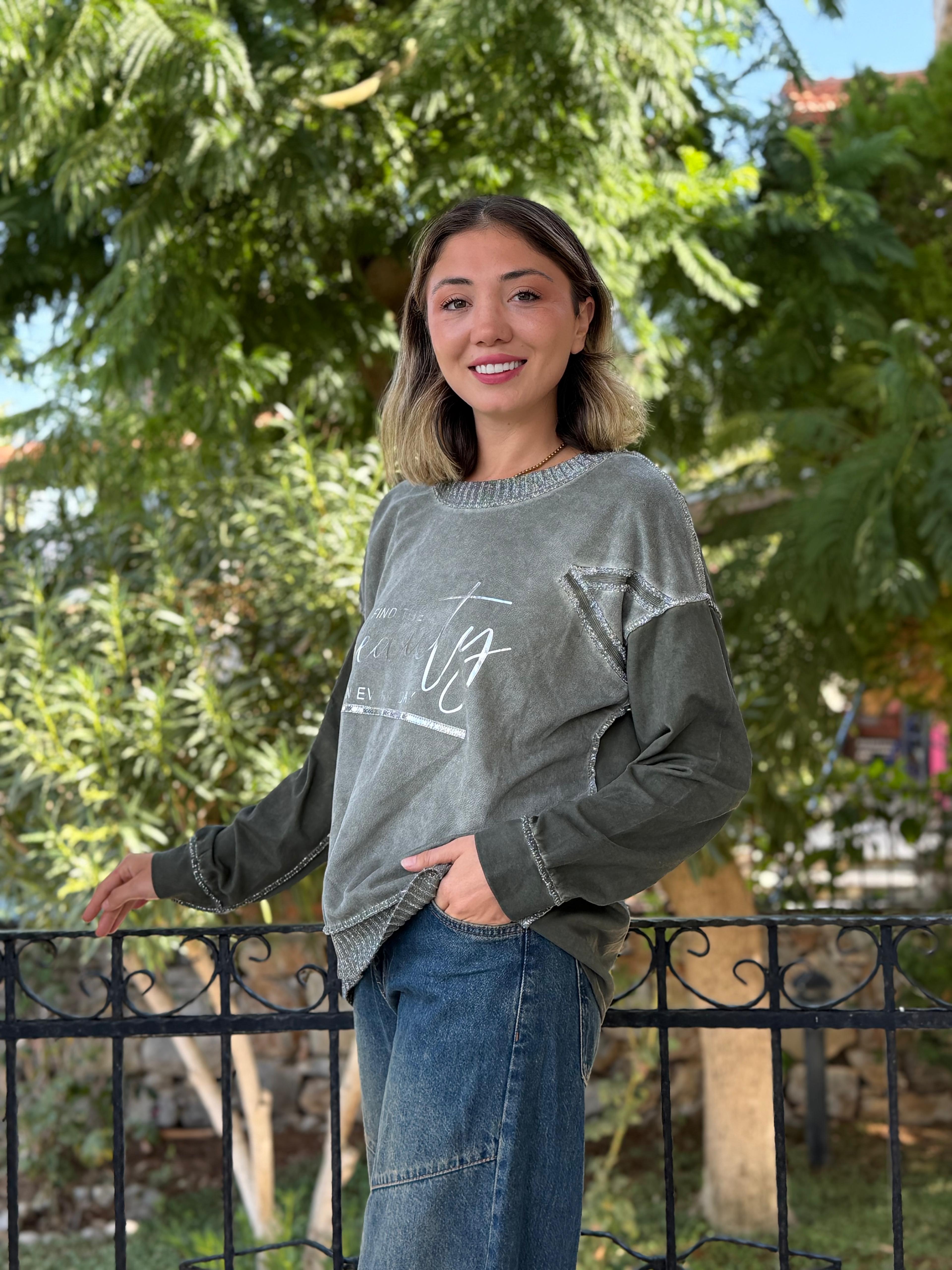 NC50793 İtalyan Beauty Yazılı Coton Sweatshirt Haki