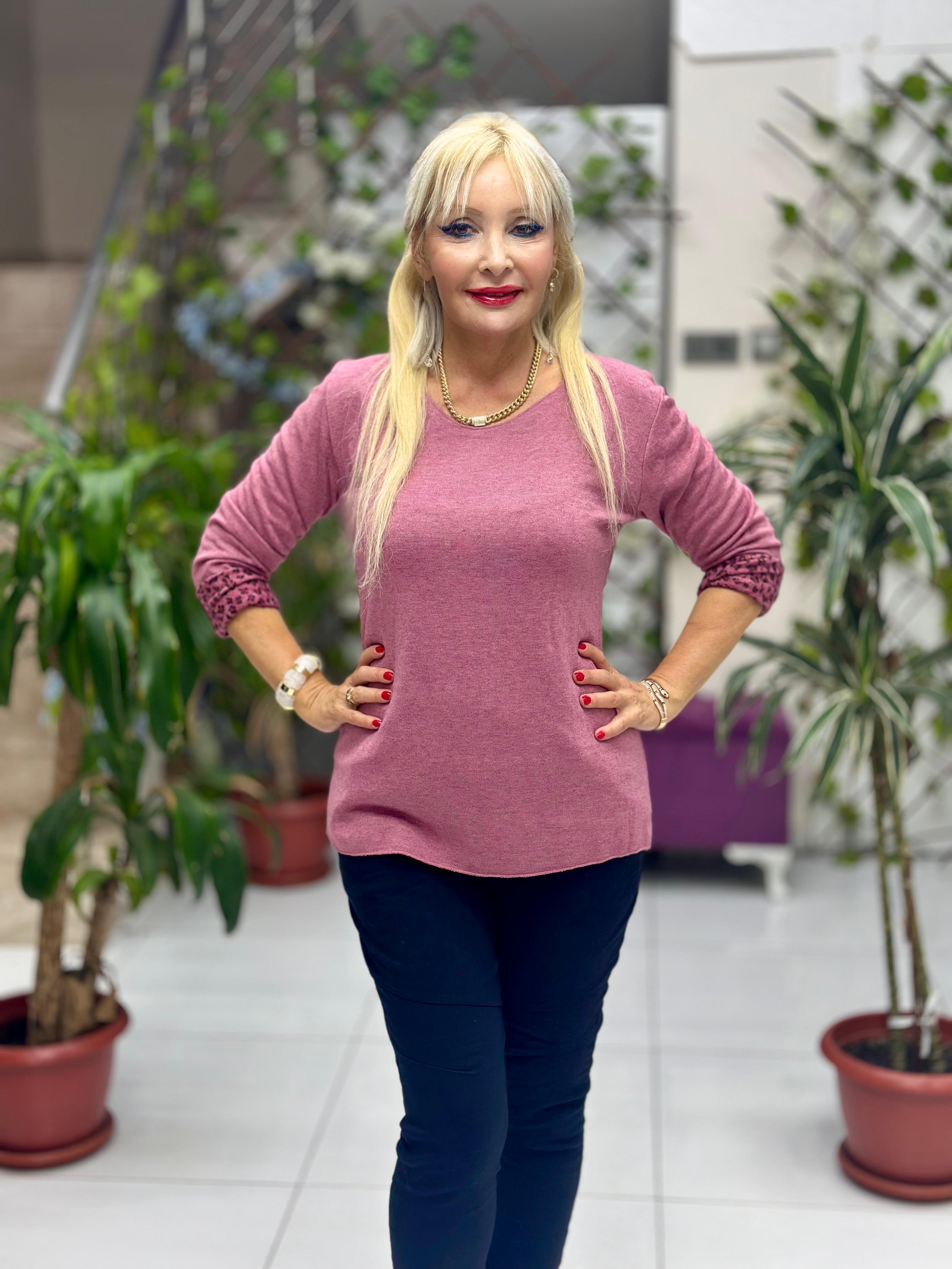 NC1202 İçi Leoparlı Yuvarlak Yaka Triko Küçük Kalıp Bluz Gül Kurusu