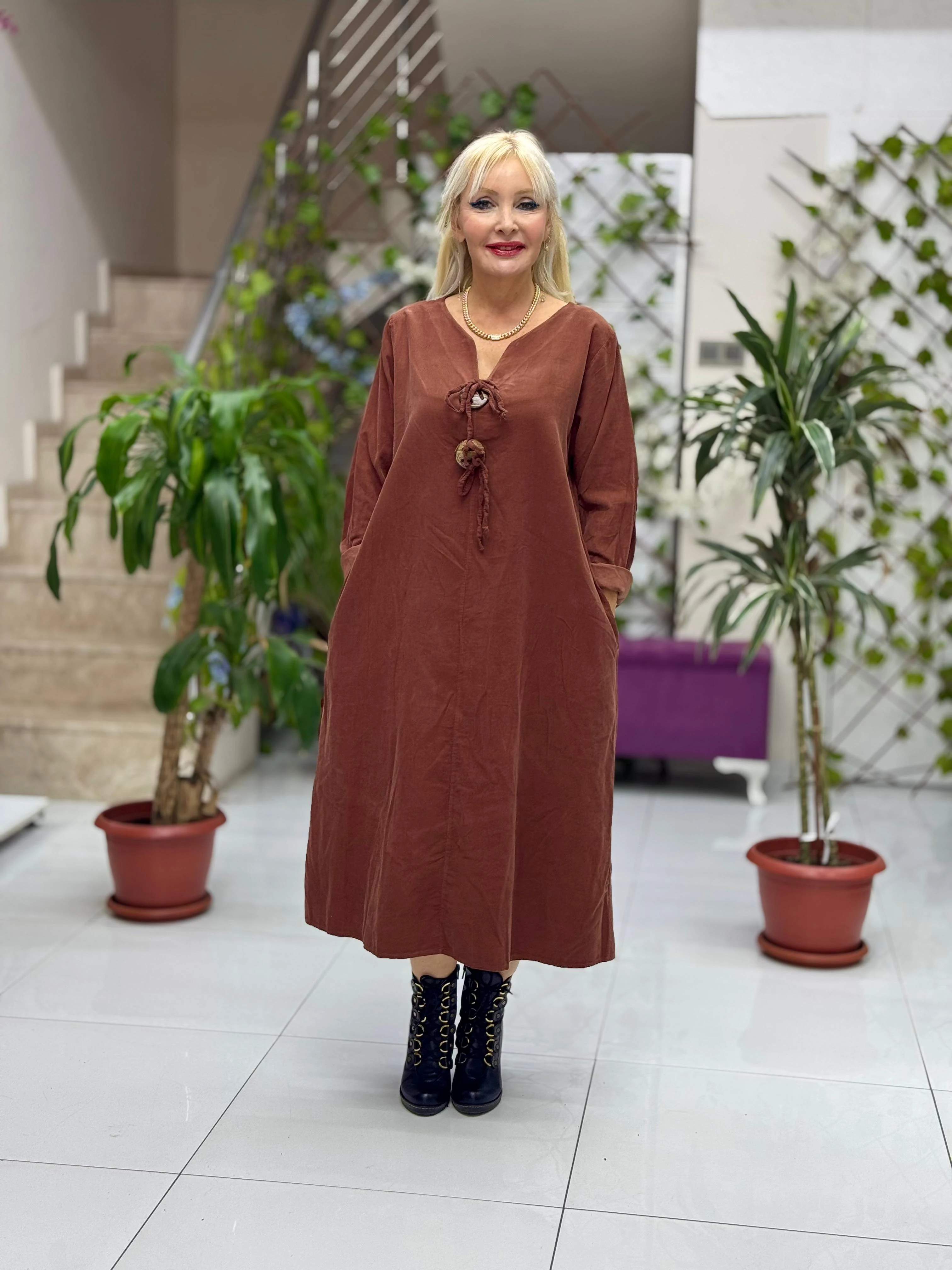 NC24202 Düğmeli İtalyan Kadife Elbise Kiremit