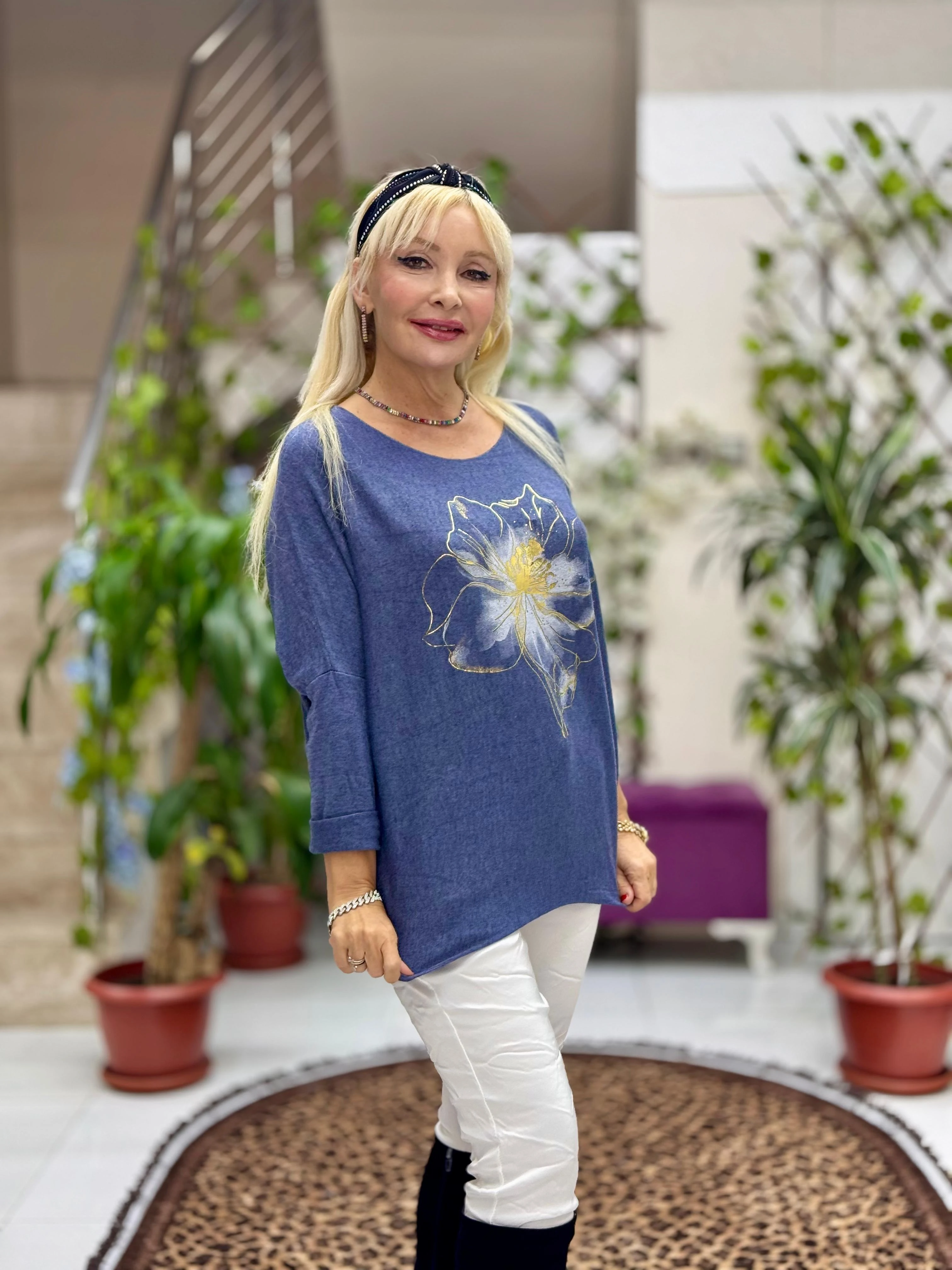 YG3003 Çiçek Baskılı İtalyan Triko Bluz Mavi