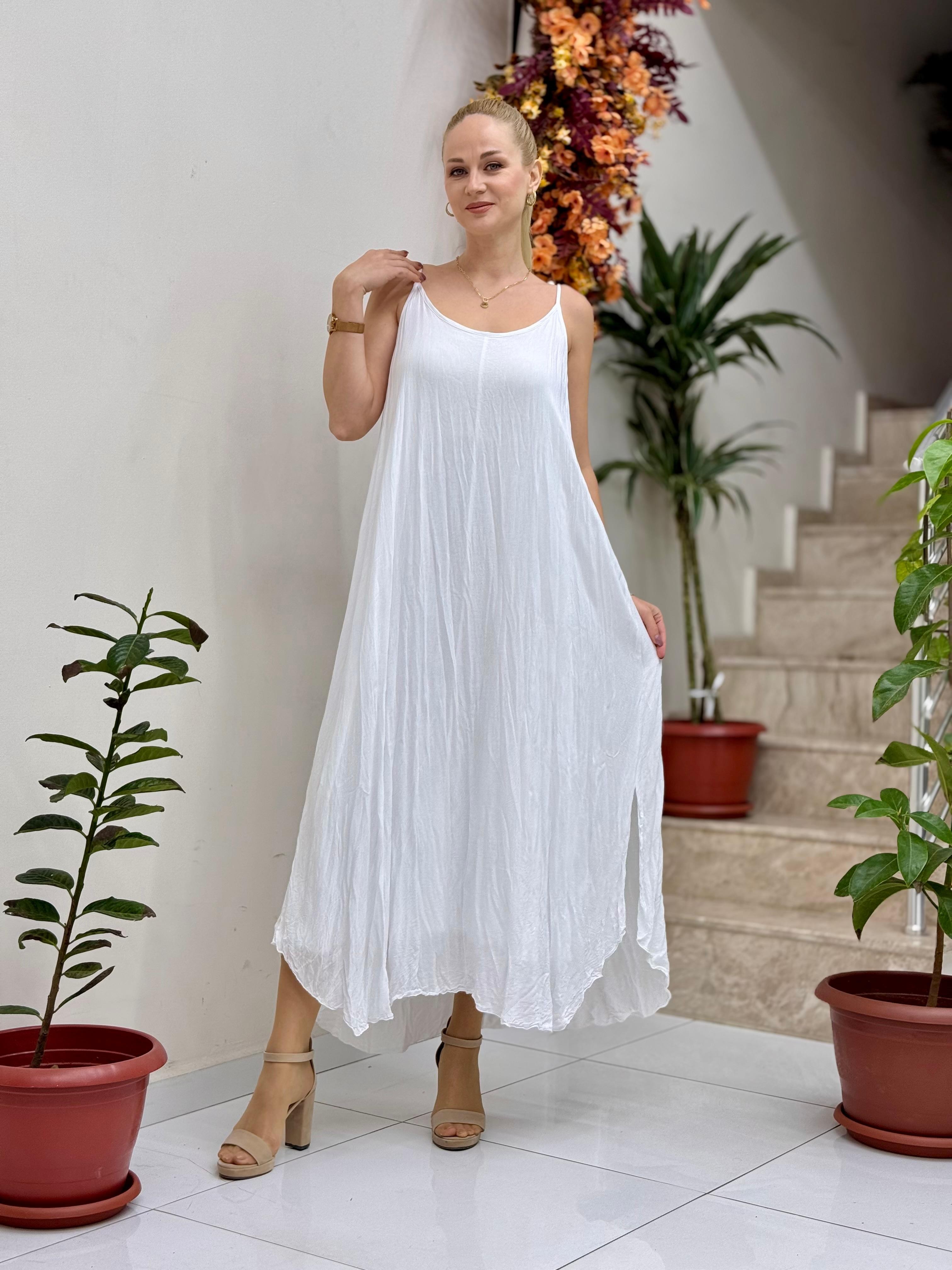VL11199 Askılı Düz Vual Elbise Beyaz