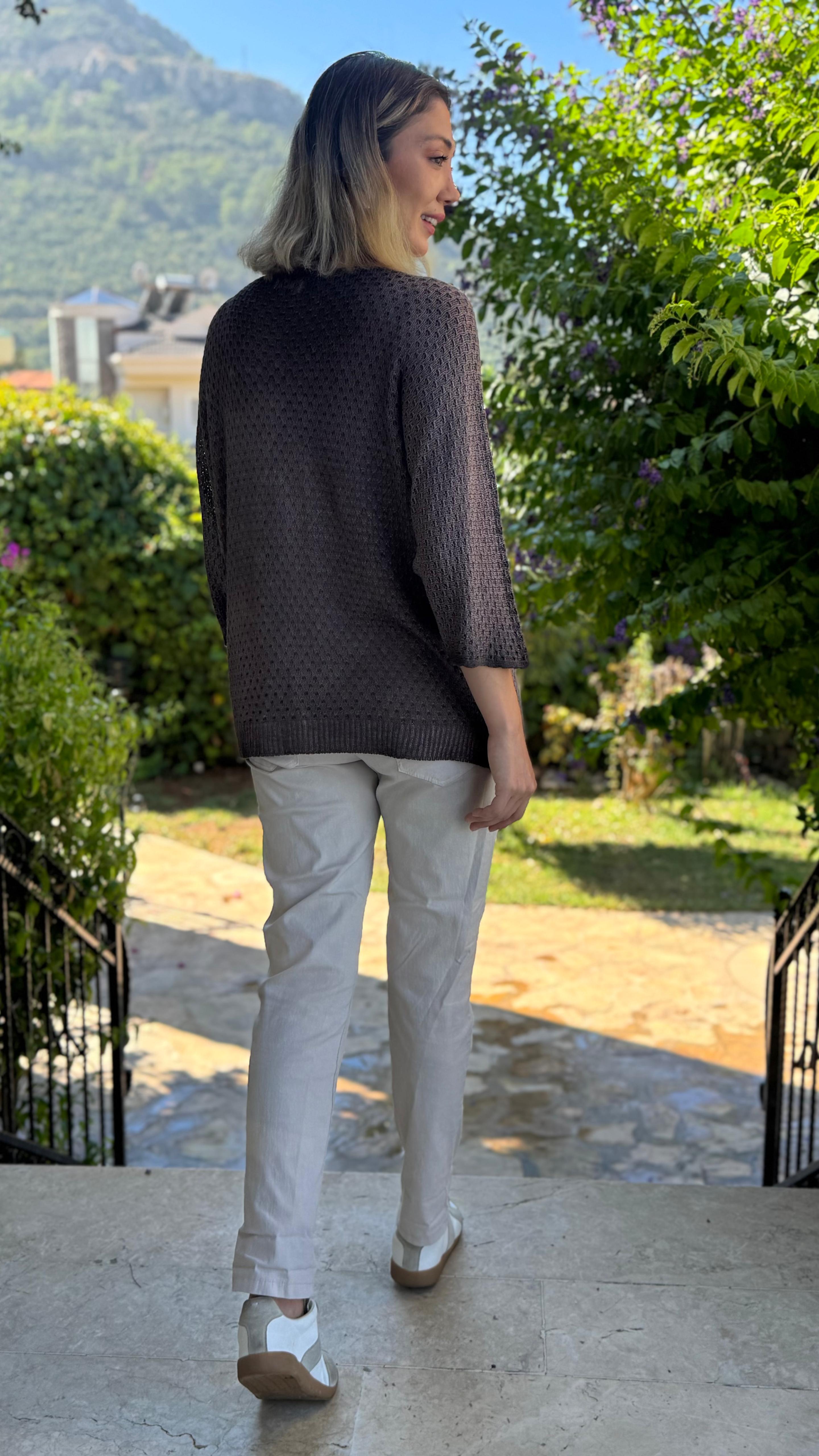 FXLS7514 İtalyan Yaprak Desen Triko Bluz Kahverengi