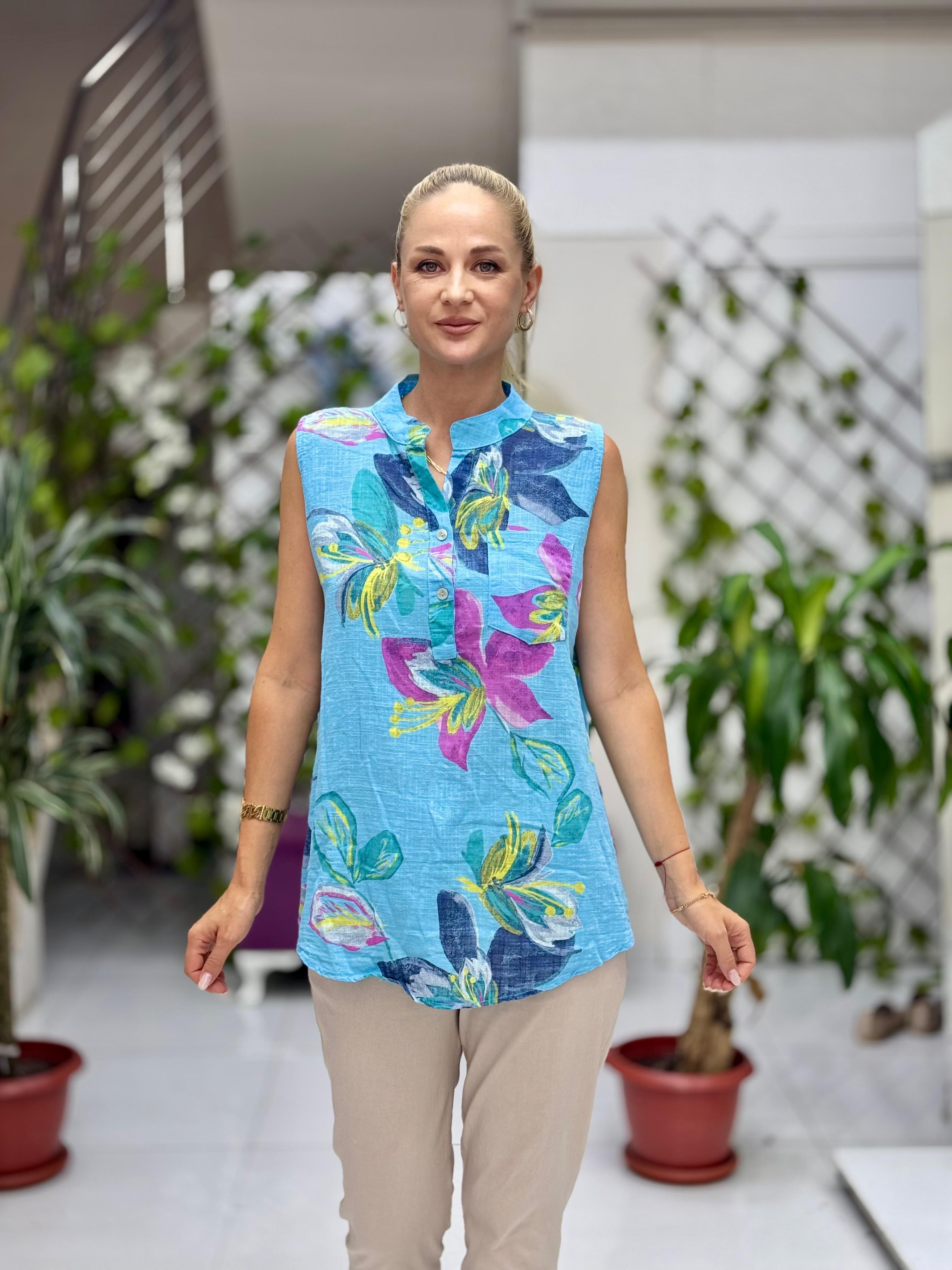 LS8819B Kolsuz Pamukketen Cepli İtalyan Bluz Mavi
