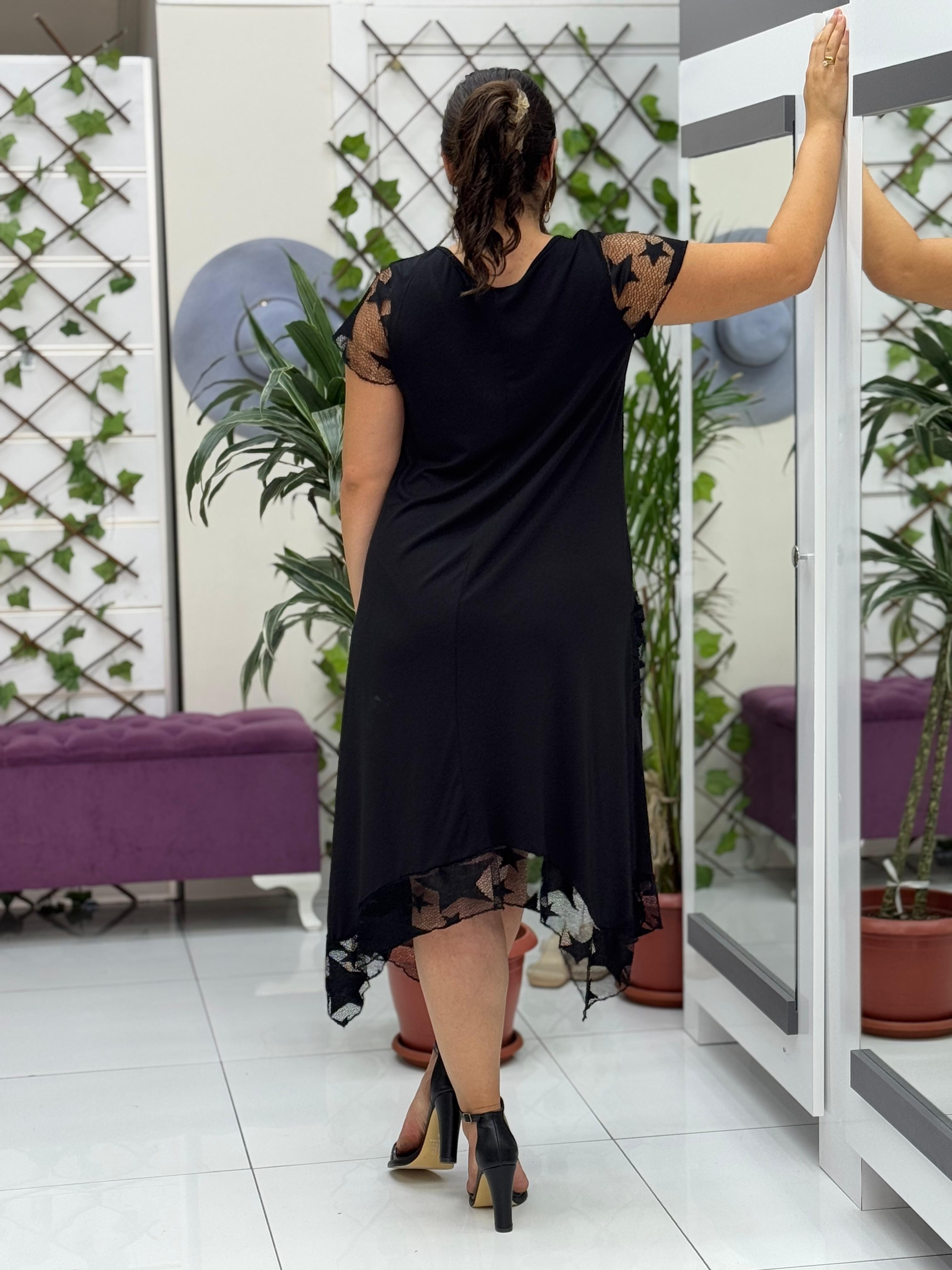 TS1001 Dantelli Yarım Kol Turlu Viskon Elbise Siyah
