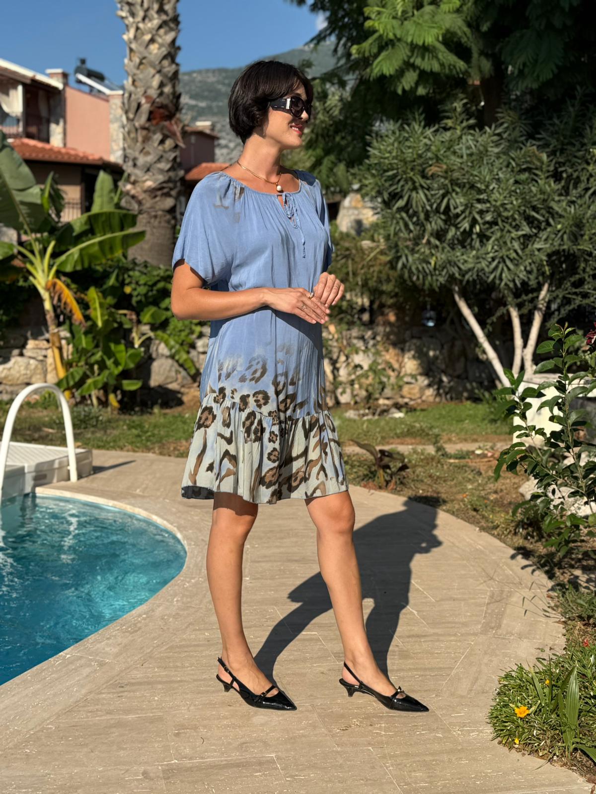 NC10526 İtalyan Yaka Lastikli Leoparlı Coton Elbise Mavi