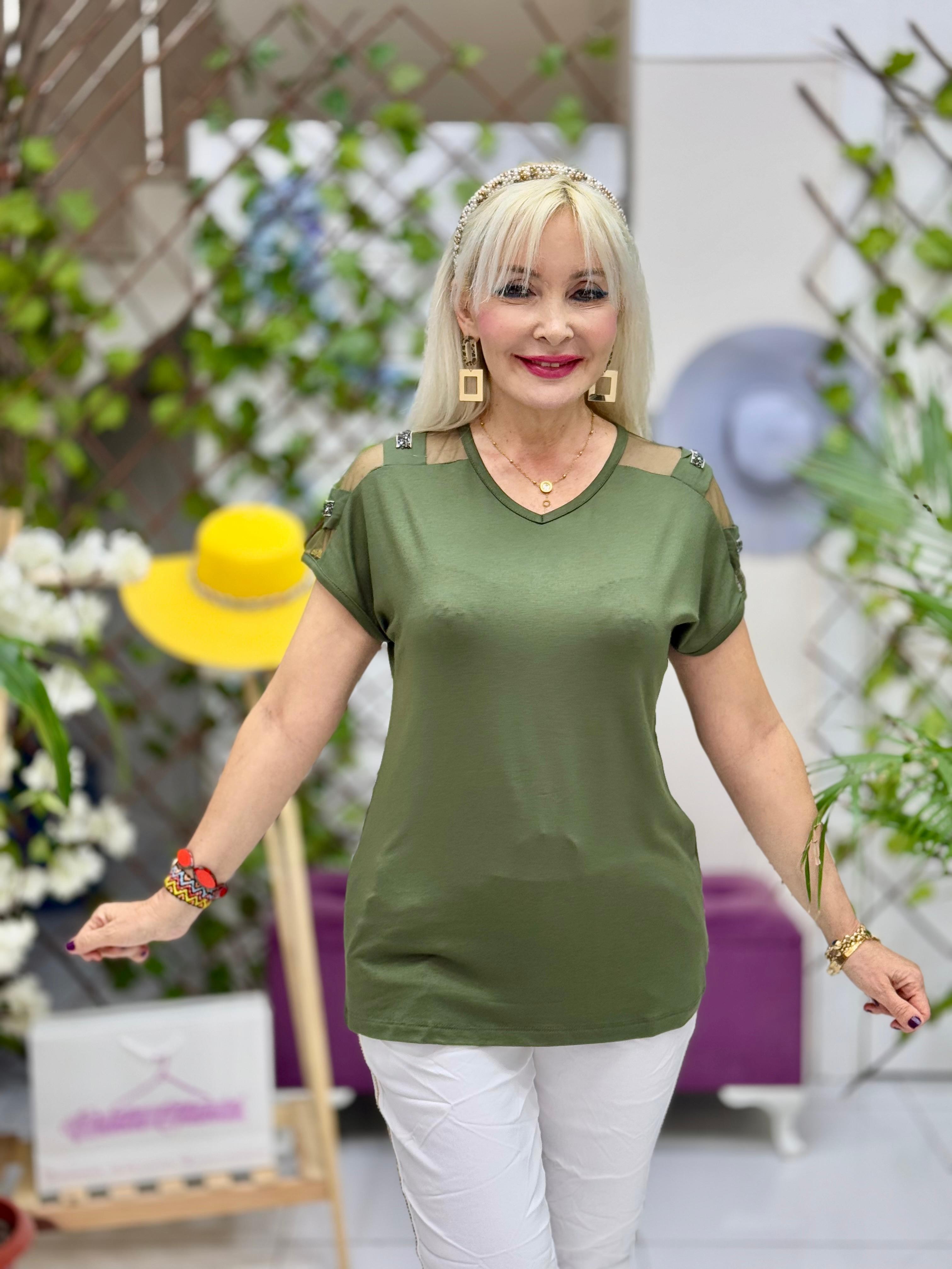 MS1107 Omuz Taşlı Penye Bluz Haki