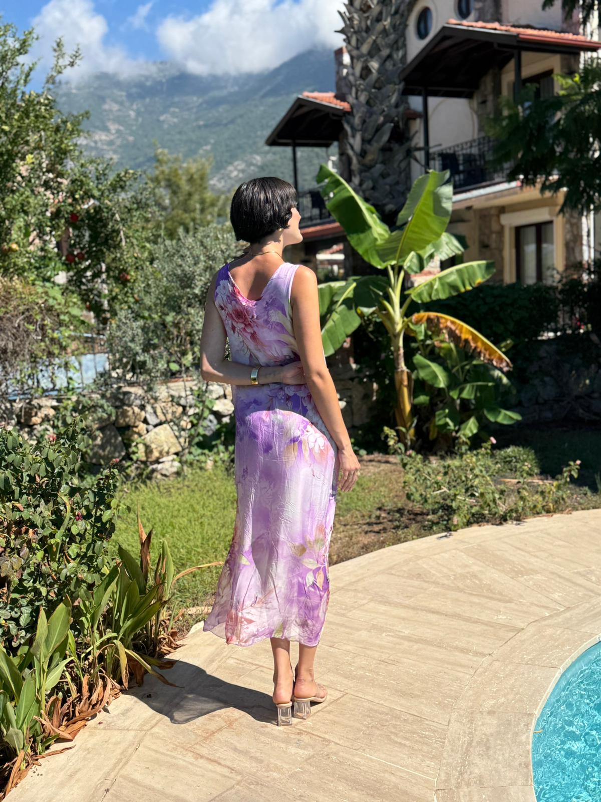 YG20641 İtalyan Çiçekli Askılı İpek Elbise Lila