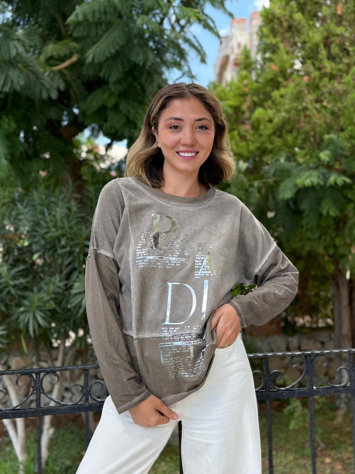 NC8533 İtalyan PADİ Yazılı Coton Sweatshirt Vizon