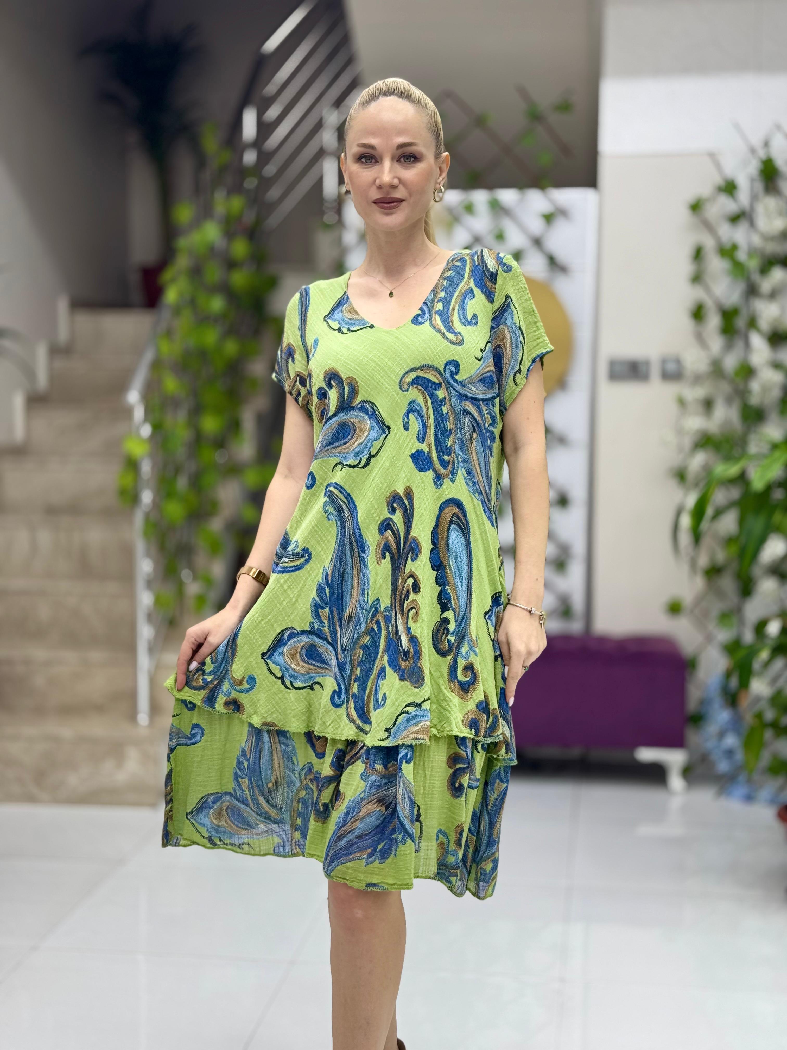 NC5019 İtalyan Kısa Kol Pamuk Keten Elbise Fıstık
