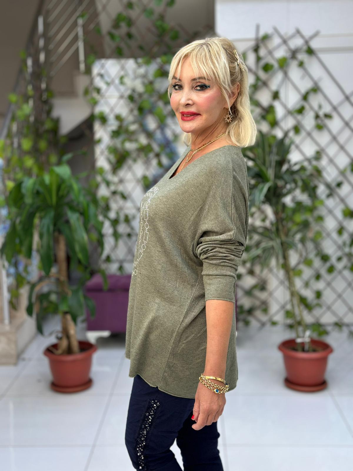 LS82681 İtalyan Taş Baskılı Triko Bluz Haki