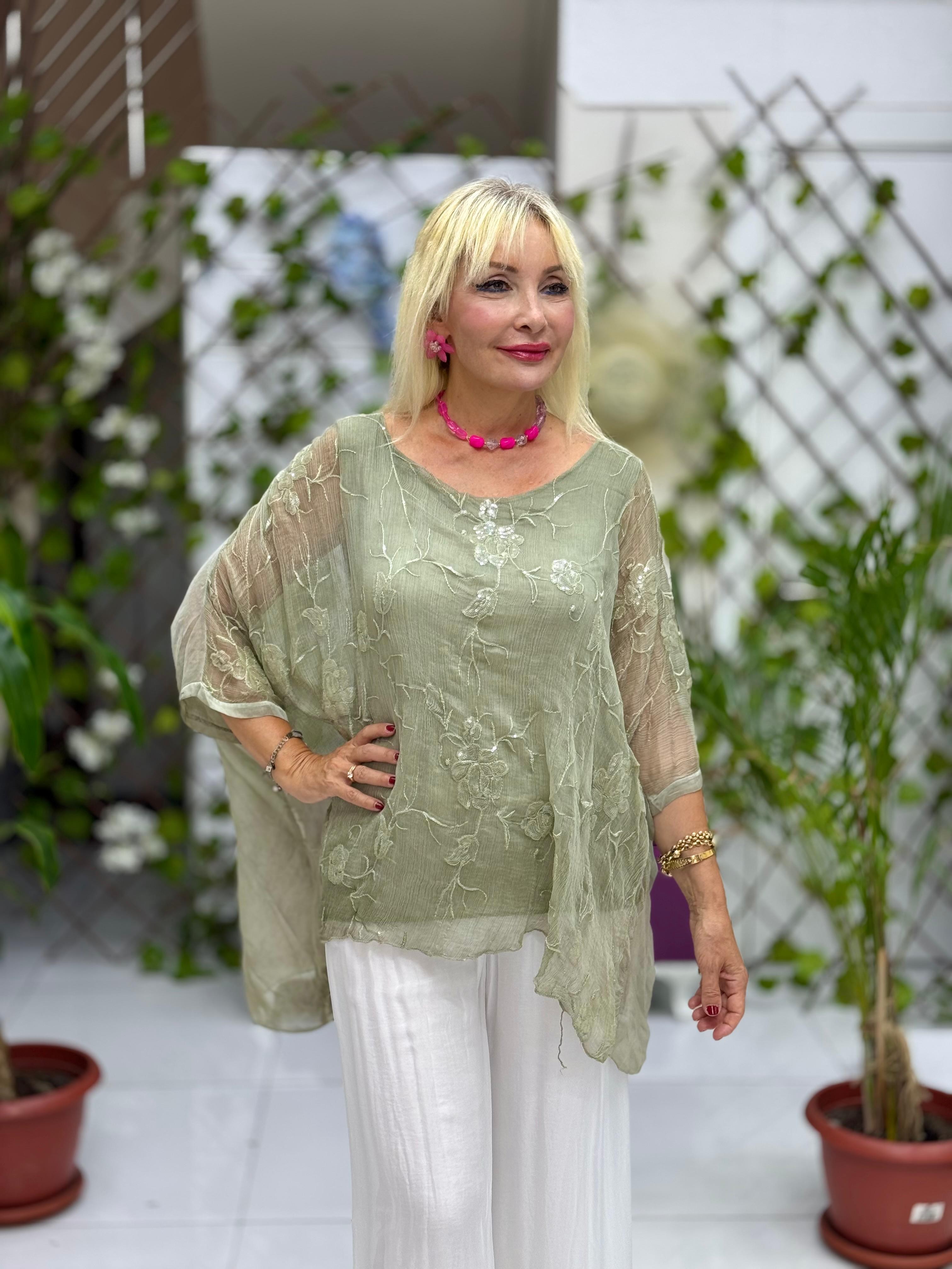 NC66893 İtalyan Pul Payetli İpek Bluz Haki