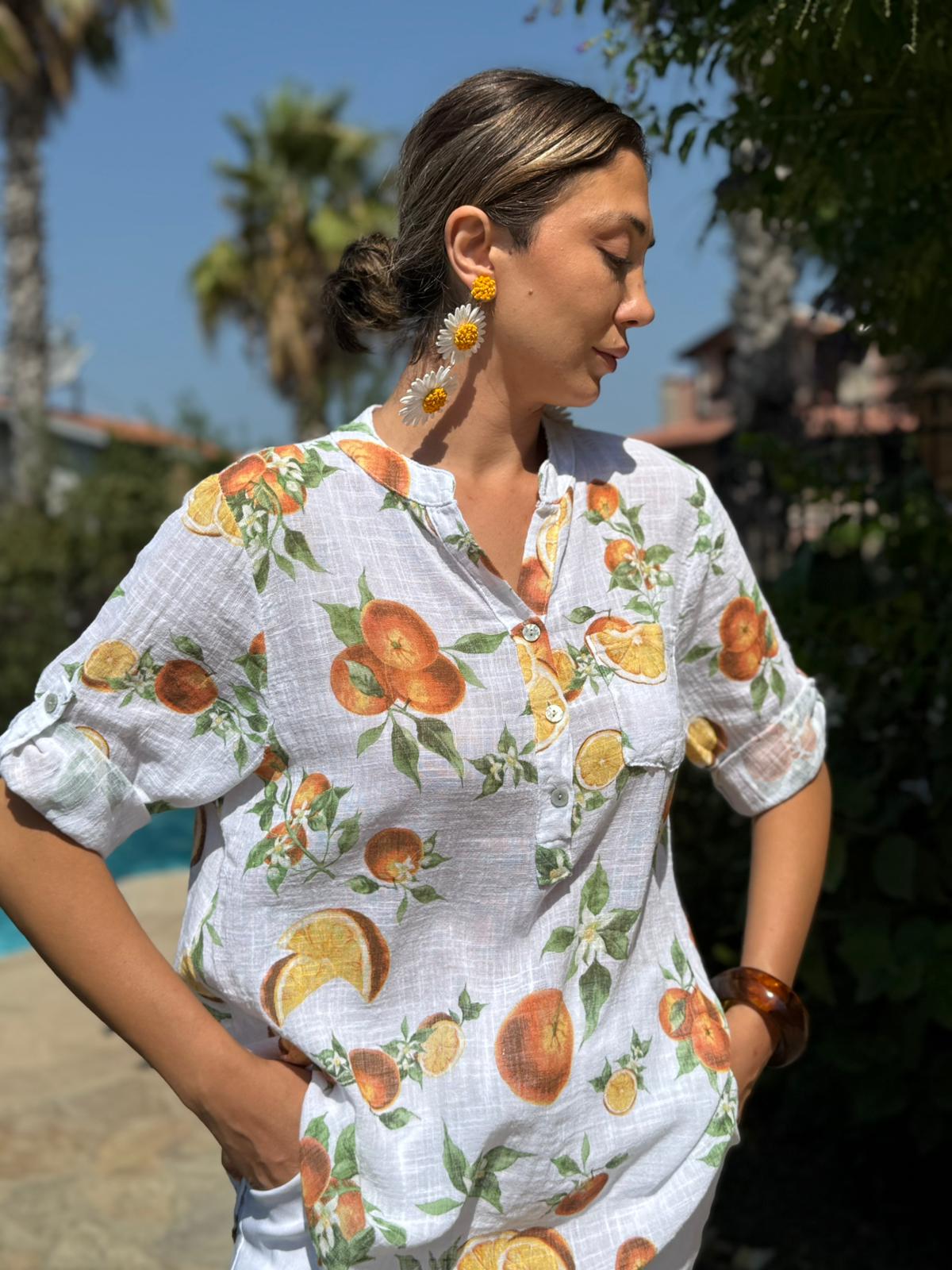 NC154553 İtalyan Pamuk Keten Bluz Beyaz