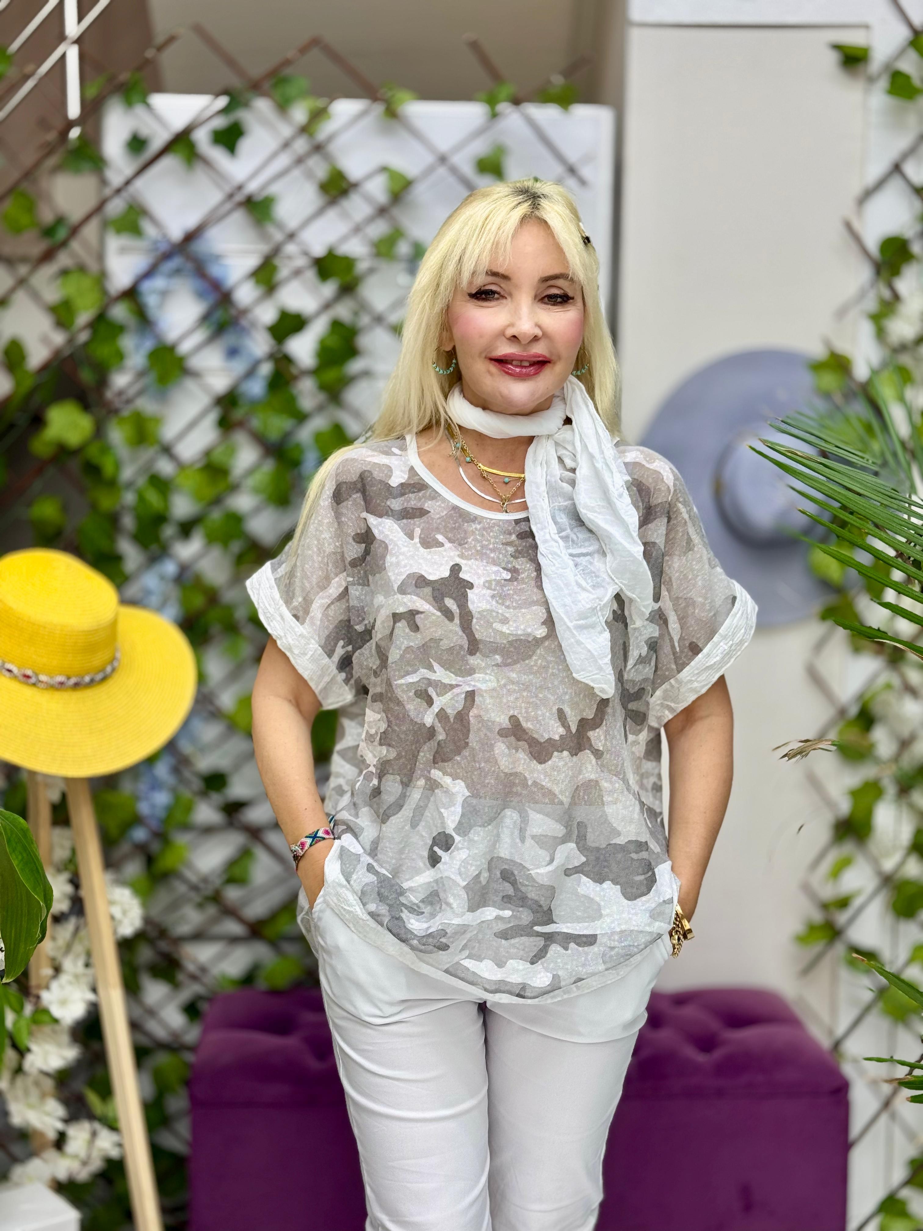 NC8560 İtalyan Kamuflaj Desen Fularlı Coton Bluz Beyaz