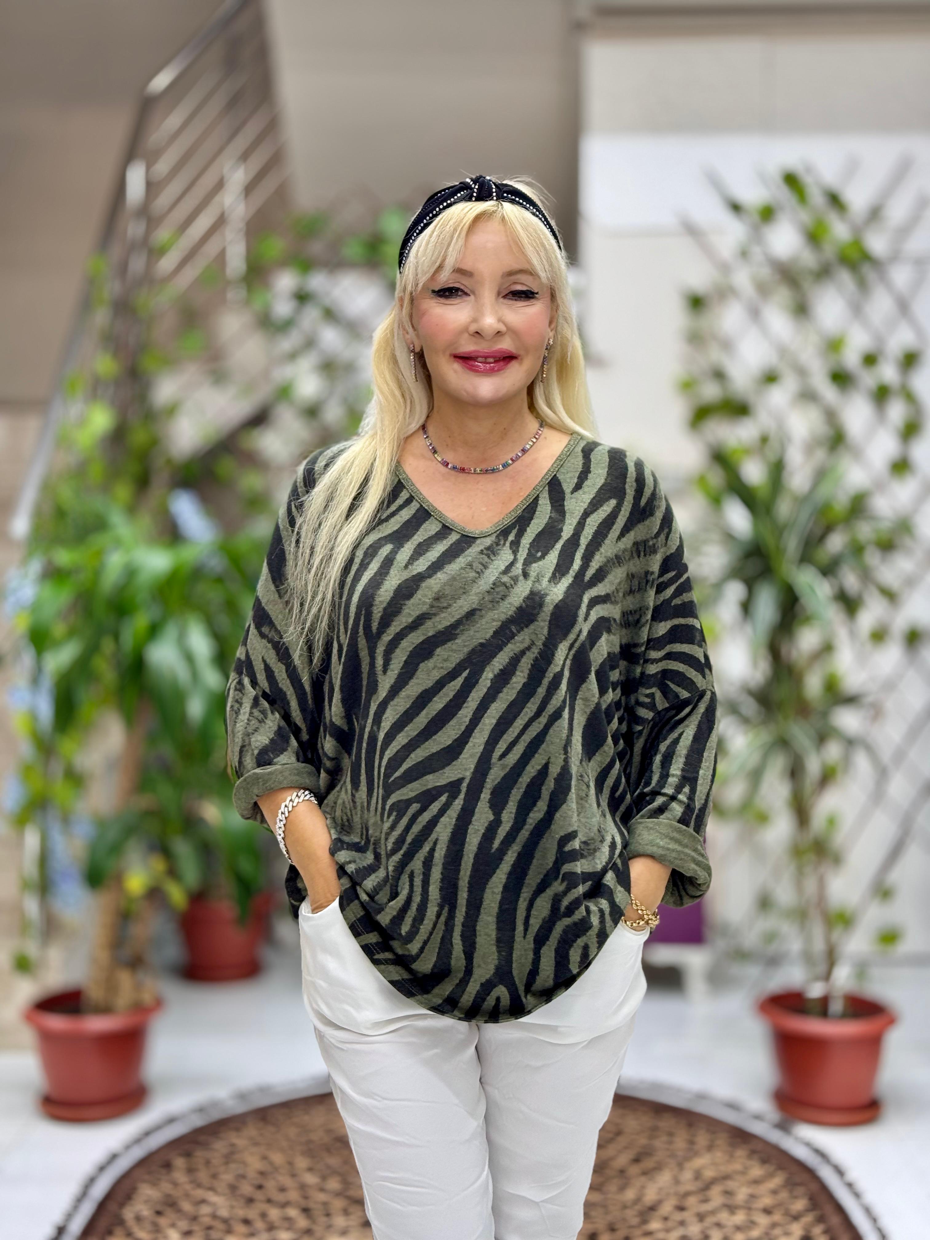 YG13003 Zebra Desen V Yaka Simli İtalyan Triko Bluz Haki