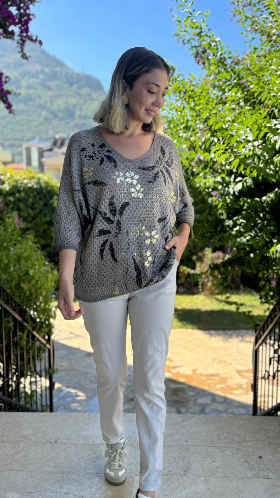 LS7514 İtalyan Yaprak Desen Triko Bluz Vizon