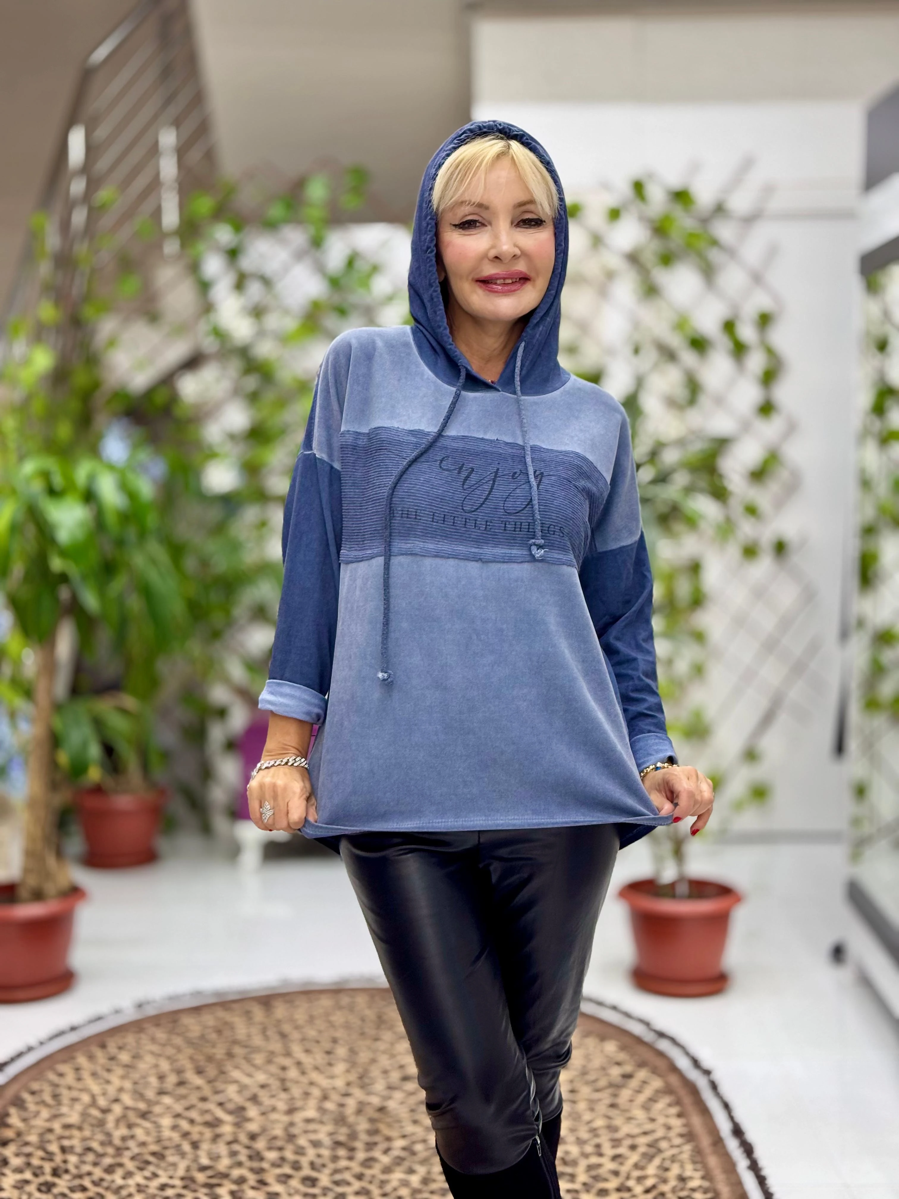 NC56868 İtalyan Enjoy Yazılı Kapüşonlu Coton Sweatshirt Mavi