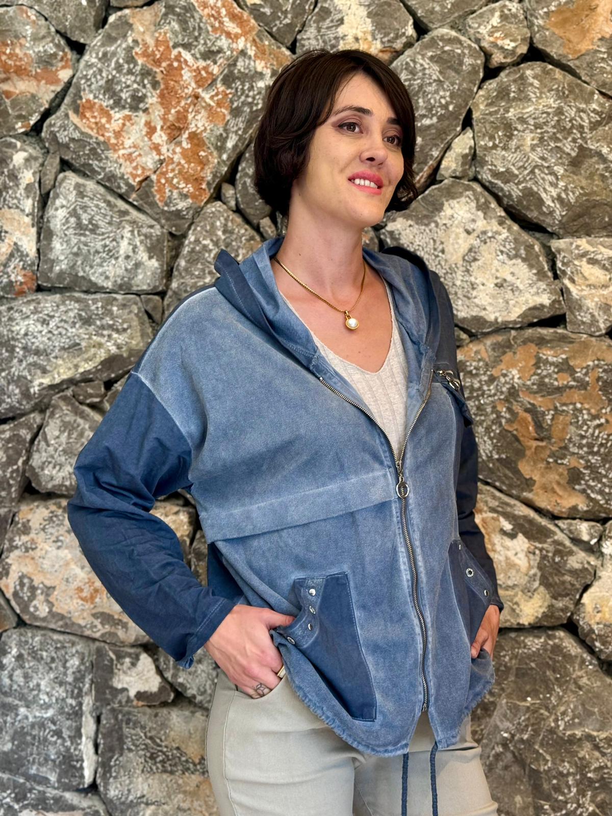 NC62020 Kapüşonlu Fermuarlı İtalyan Yıkamalı Ceket Lacivert