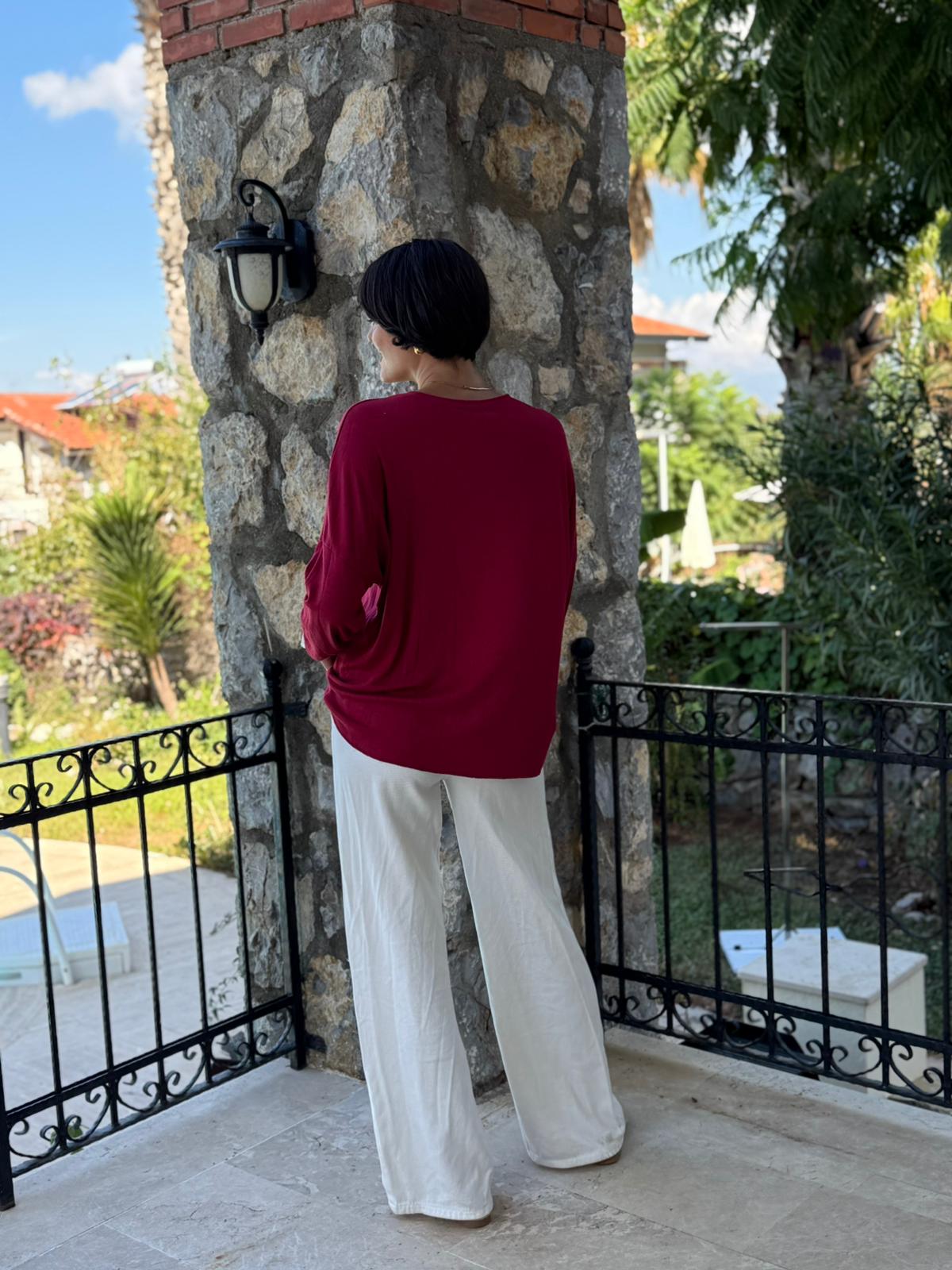 FXLS82681 İtalyan Taş Baskılı Triko Bluz Bordo