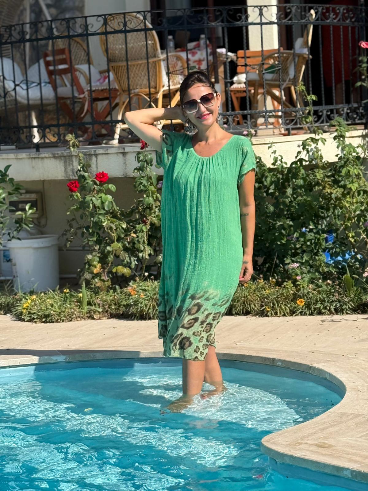 NC50848 İtalyan Pamuk Keten Astarlı Elbise Yeşil