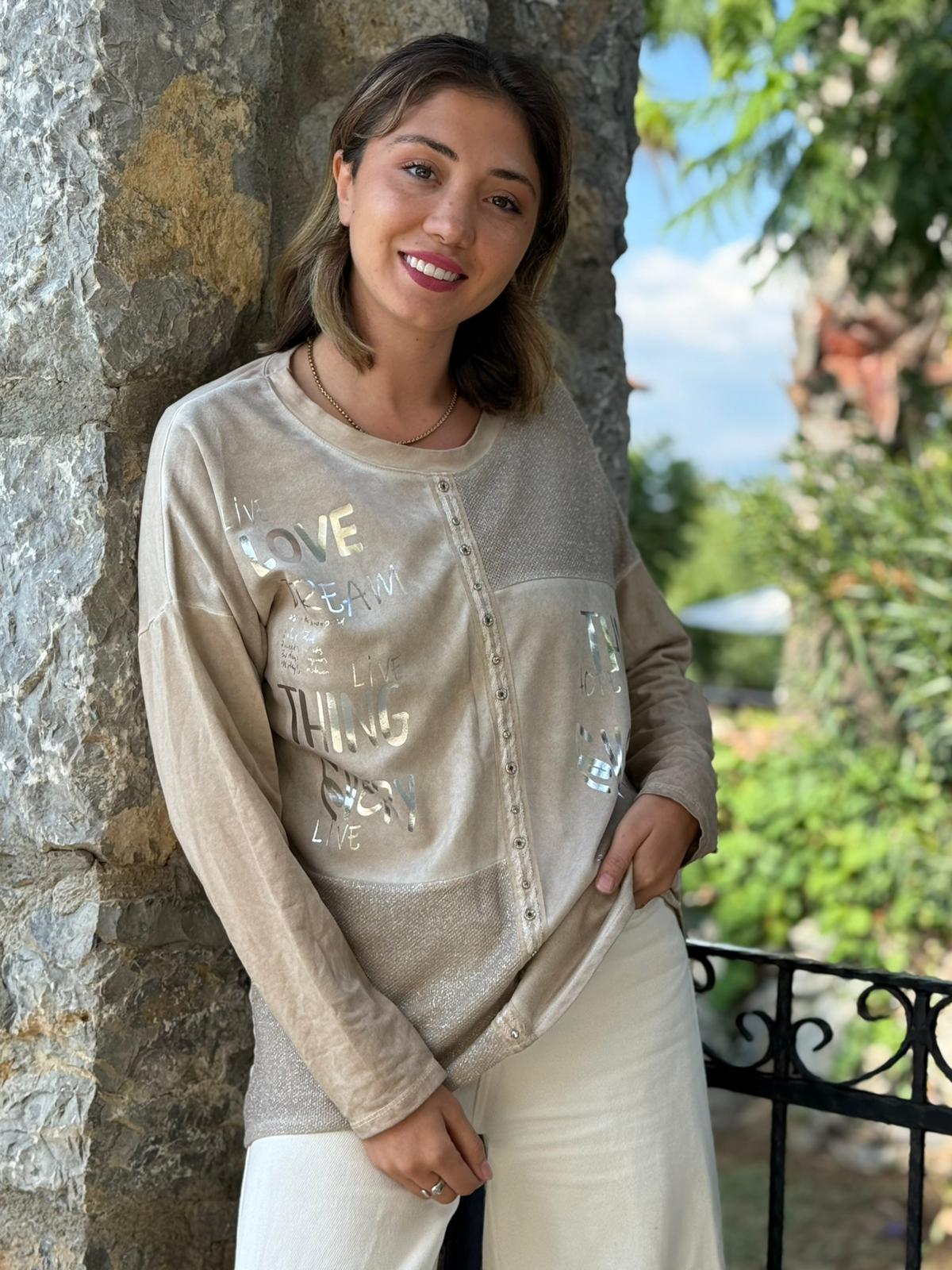 NC53761 İtalyan Yazılı Ve Taşlı Coton Sweatshirt Krem