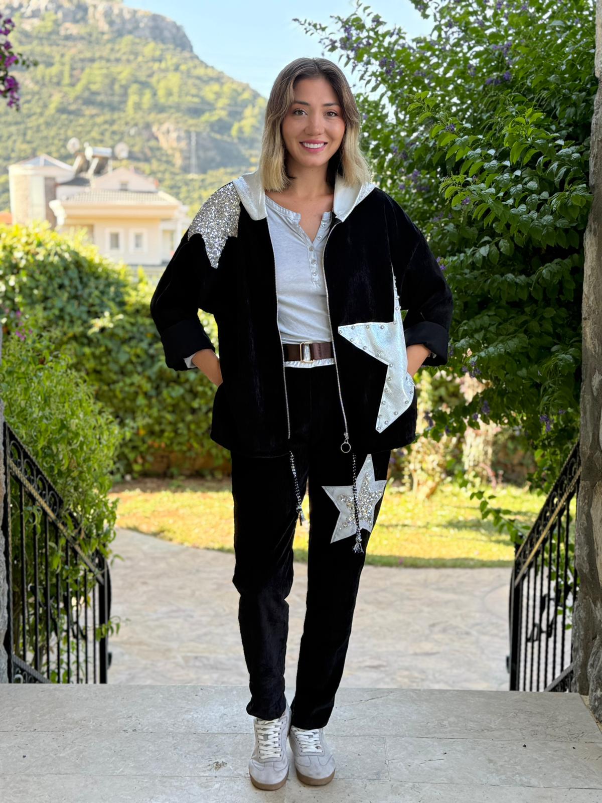 LS12520 İtalyan Yıldız Taşlı Kadife Pantolon Siyah