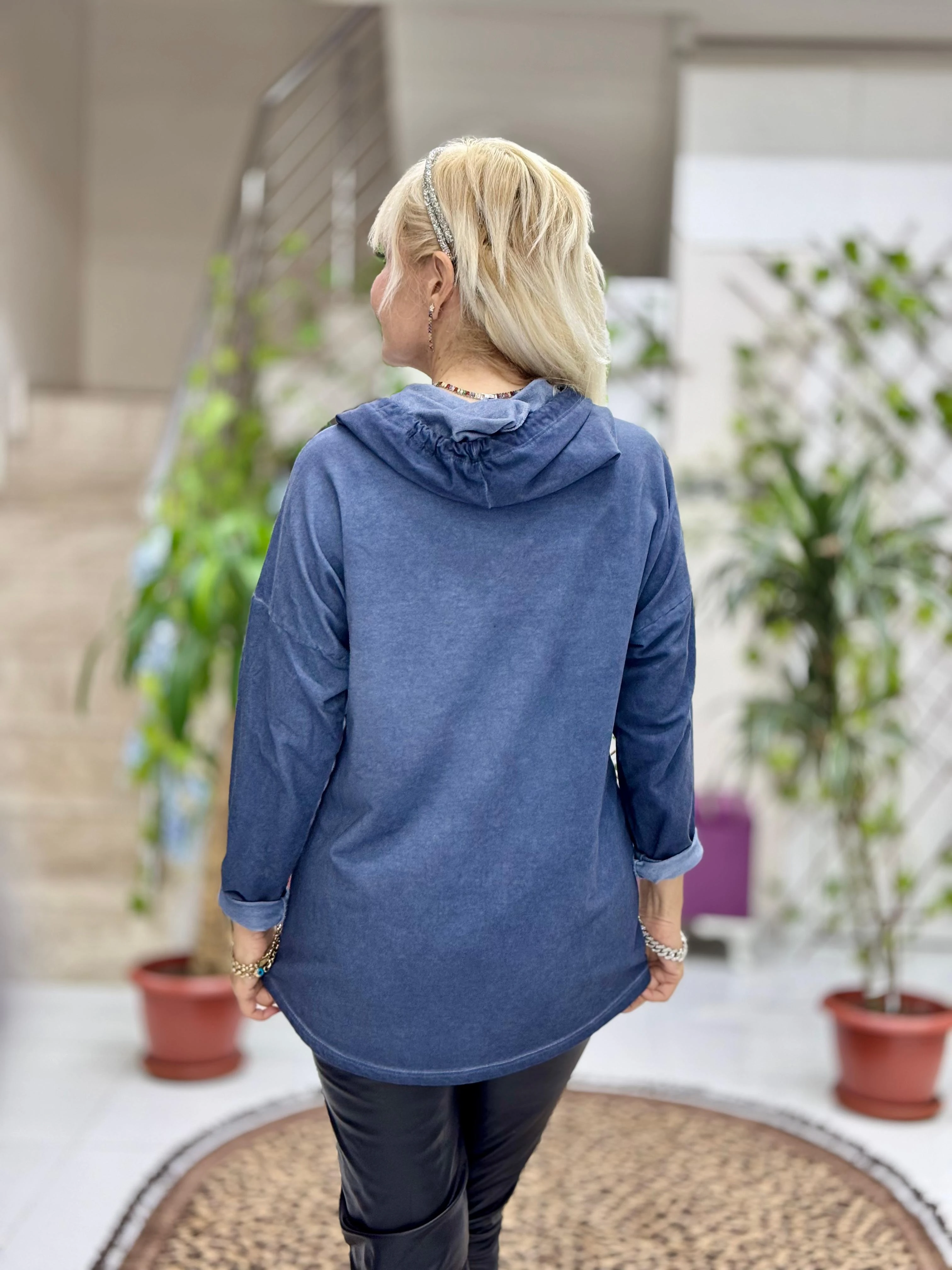 NC56868 İtalyan Enjoy Yazılı Kapüşonlu Coton Sweatshirt Mavi