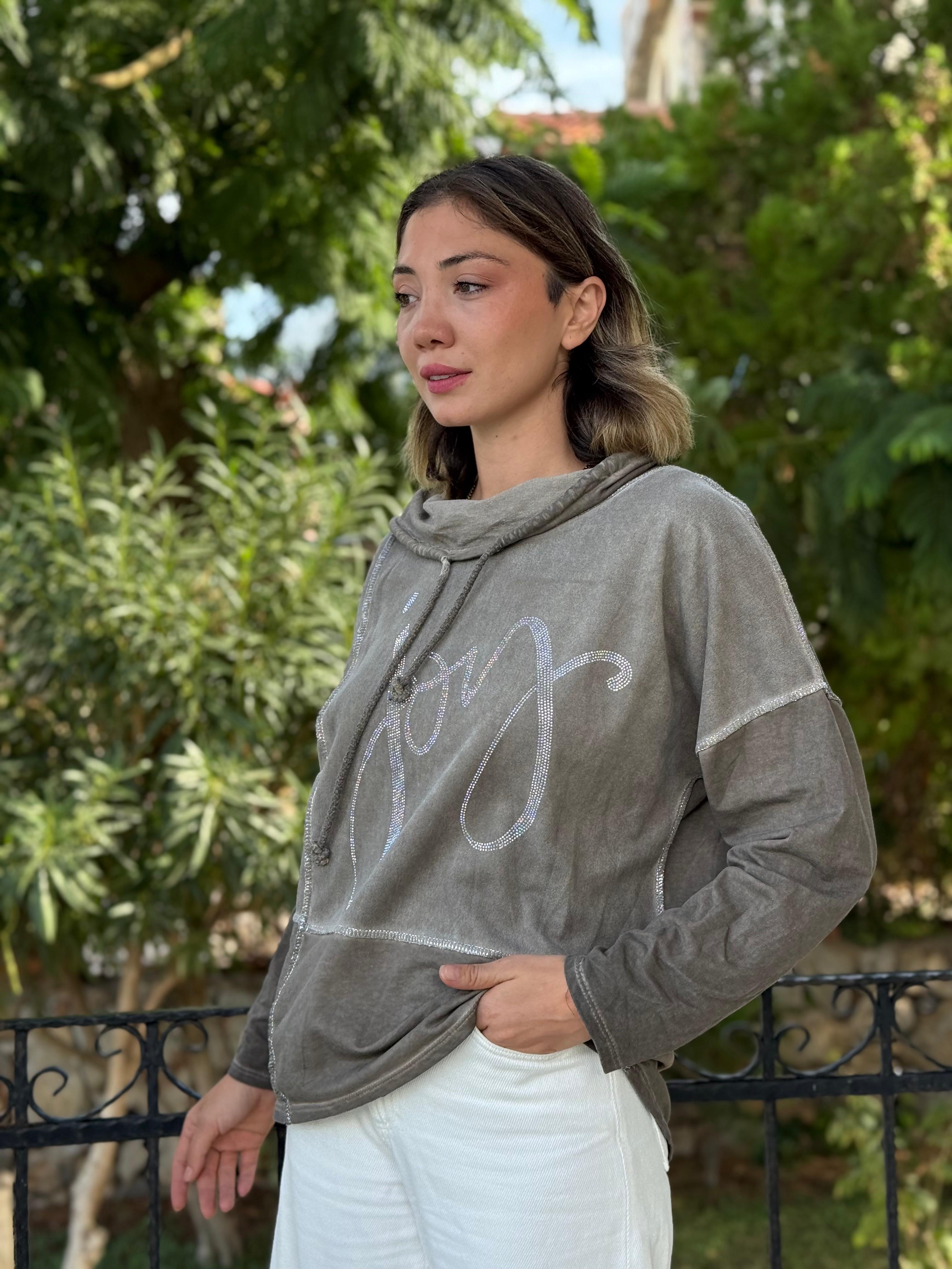 NC18533 İtalyan Joy Taşlı Kapüşonlu Coton Sweatshirt Vizon