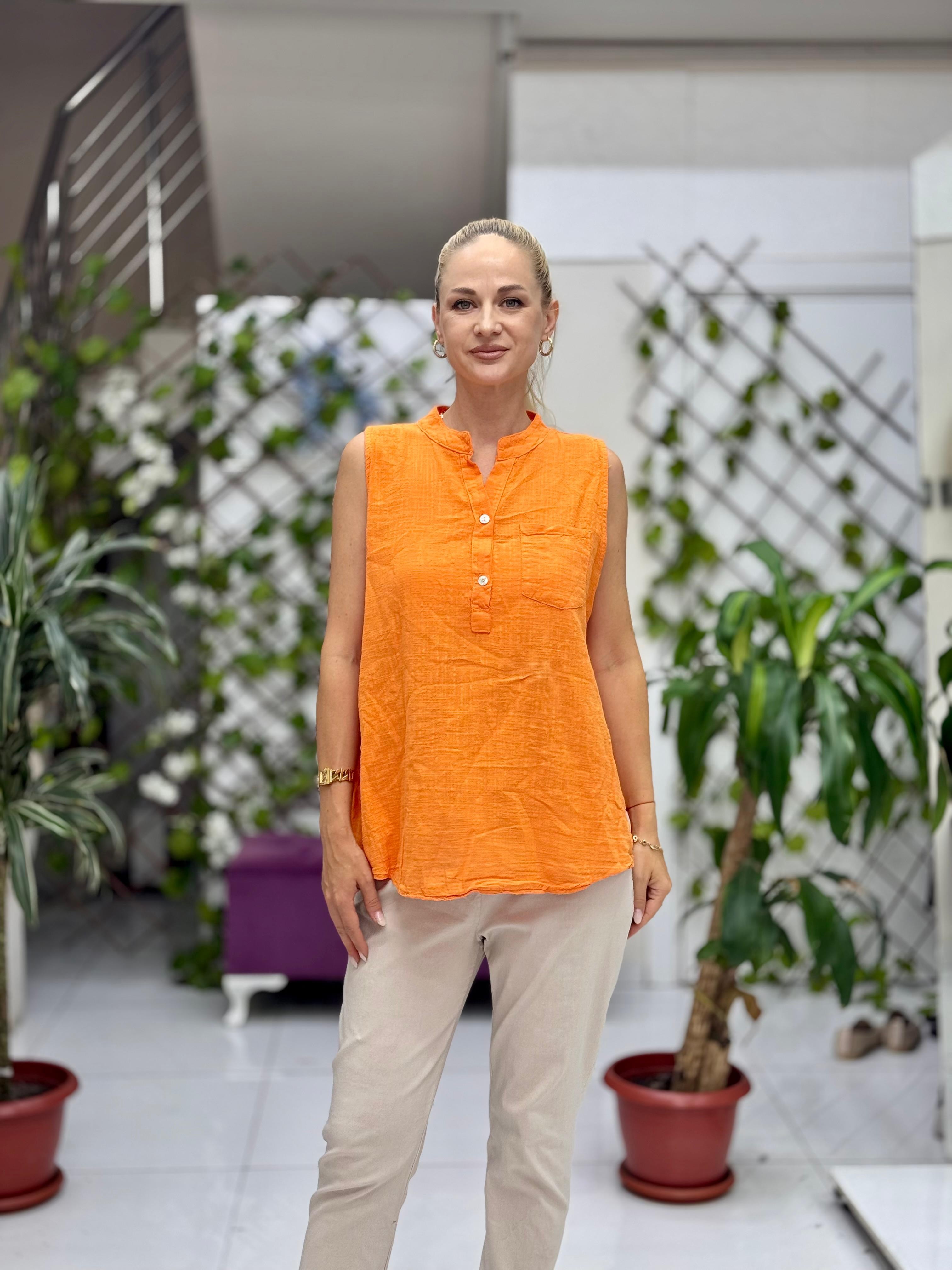 LS8819E Kolsuz Pamukketen Cepli İtalyan Bluz Oranj