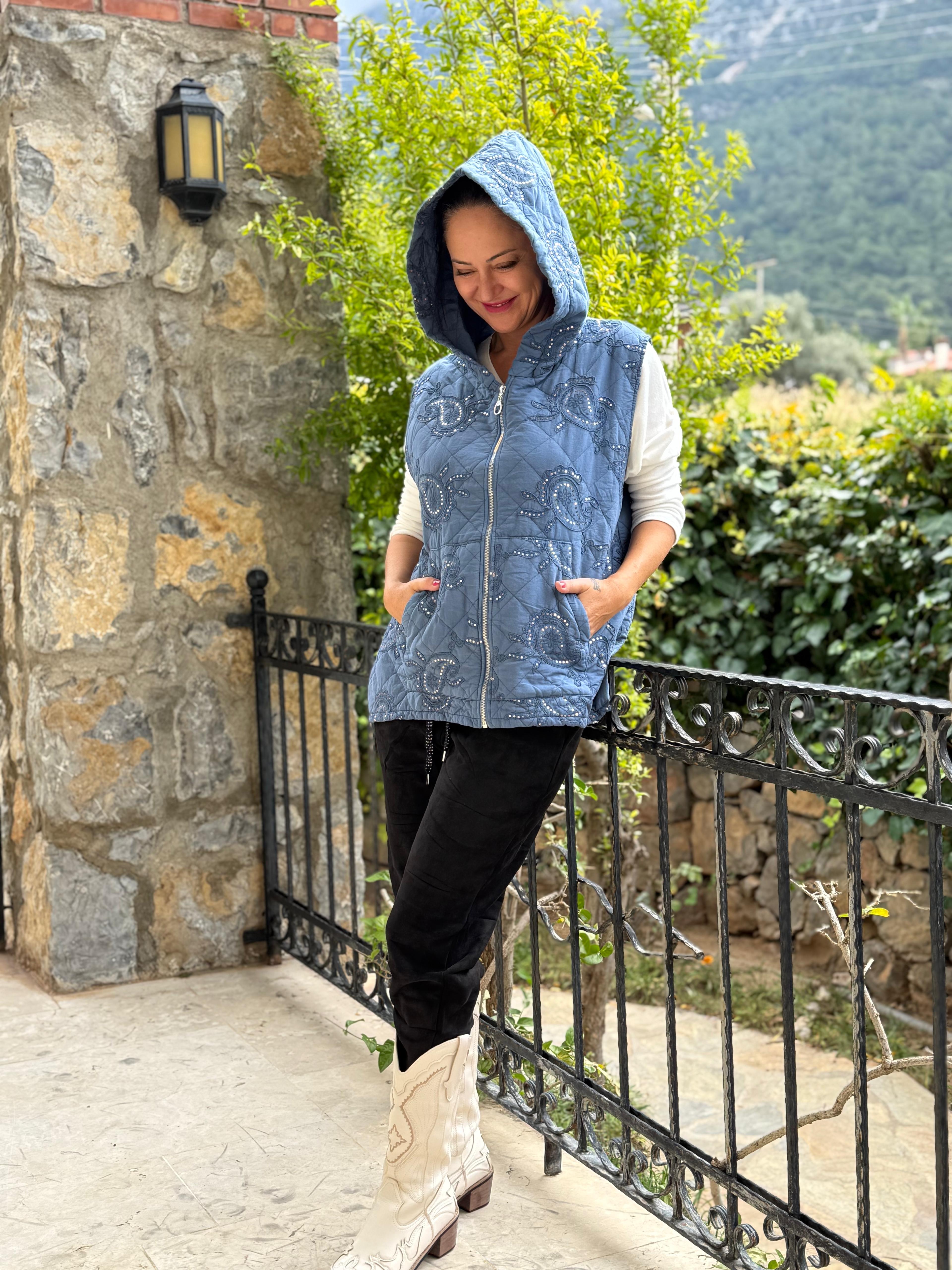 NC65588 Şal Desen Pullu Kapitone İtalyan Yelek Mavi