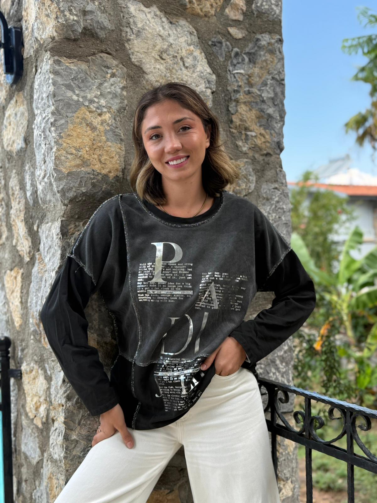 NC8533 İtalyan PADİ Yazılı Coton Sweatshirt Füme