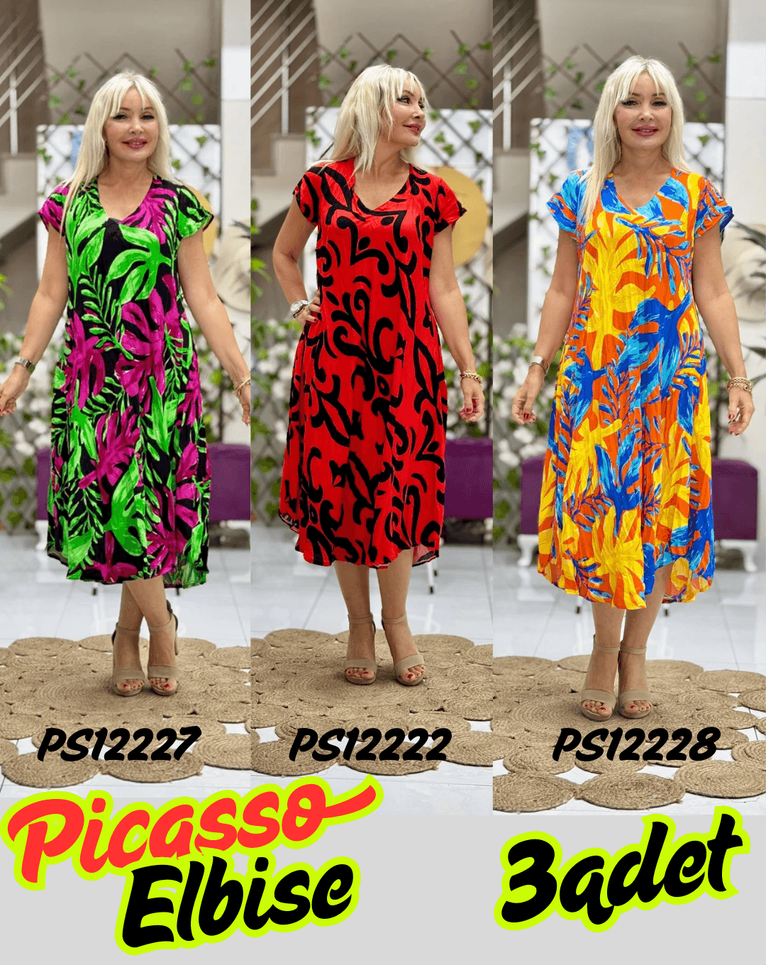 PS12227/12222/12228 3 adet Viskon Picasso Elbise