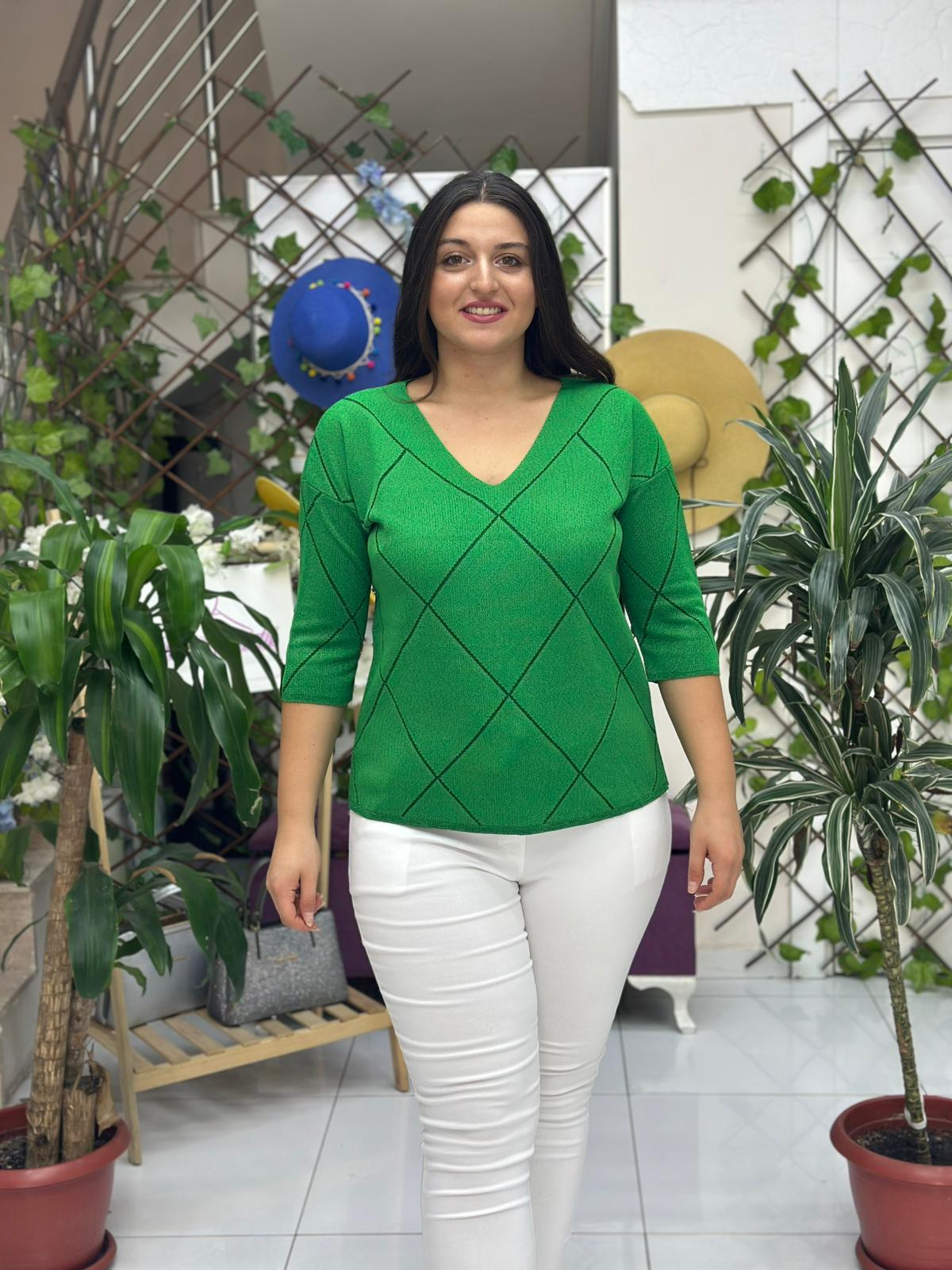 D12765 Zikzak Desen Triko Bluz Yeşil