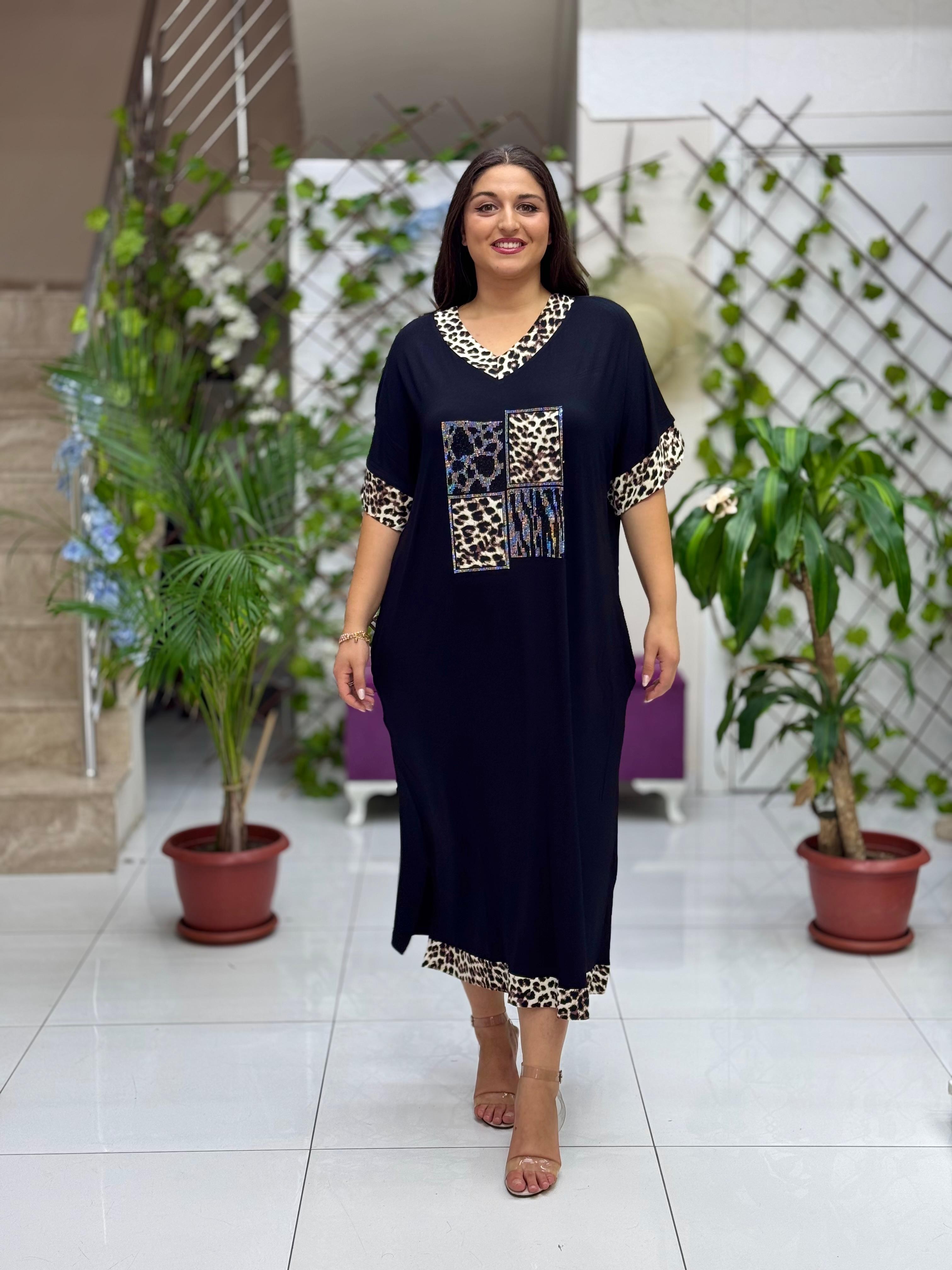 MS3127 Leopar Desenli Oversize Turlu Viskon Elbise Siyah