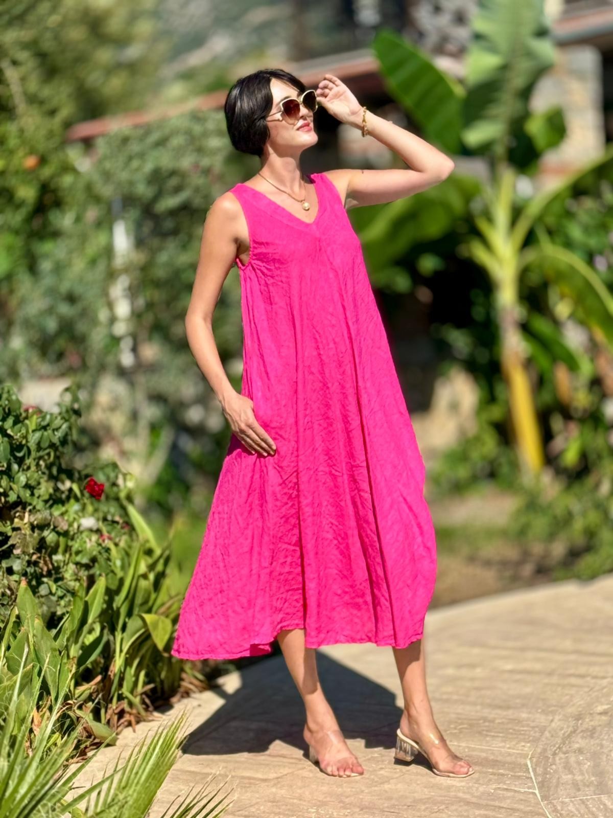 NC14916 İtalyan Kolsuz Keten Elbise Pembe