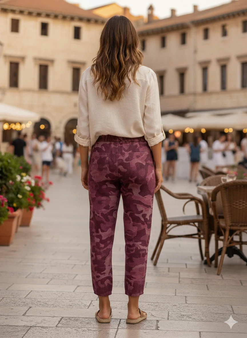 LS7312 Kamuflaj Desenli Likralı İtalyan Coton Pantolon Vişne