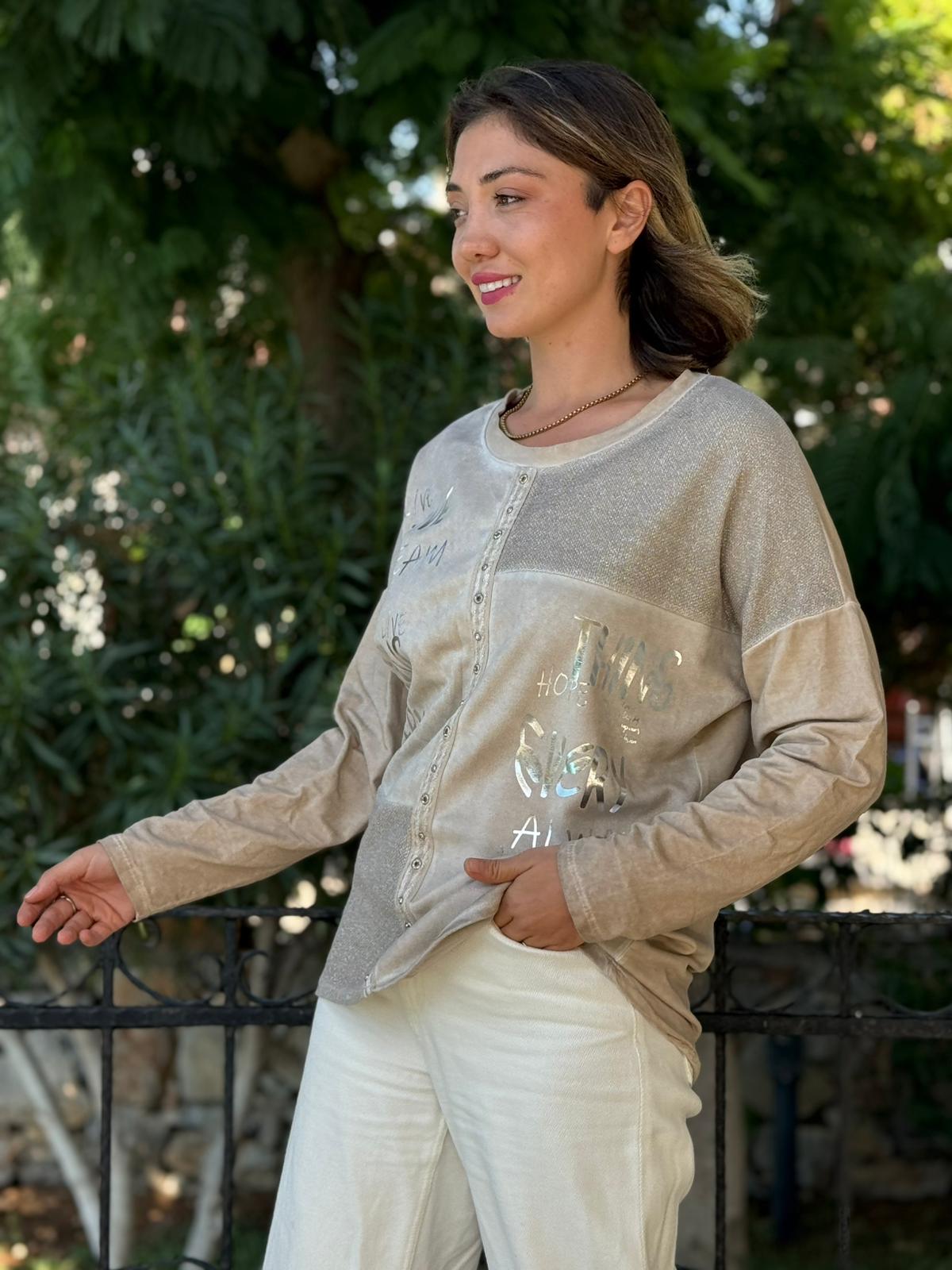 NC53761 İtalyan Yazılı Ve Taşlı Coton Sweatshirt Krem
