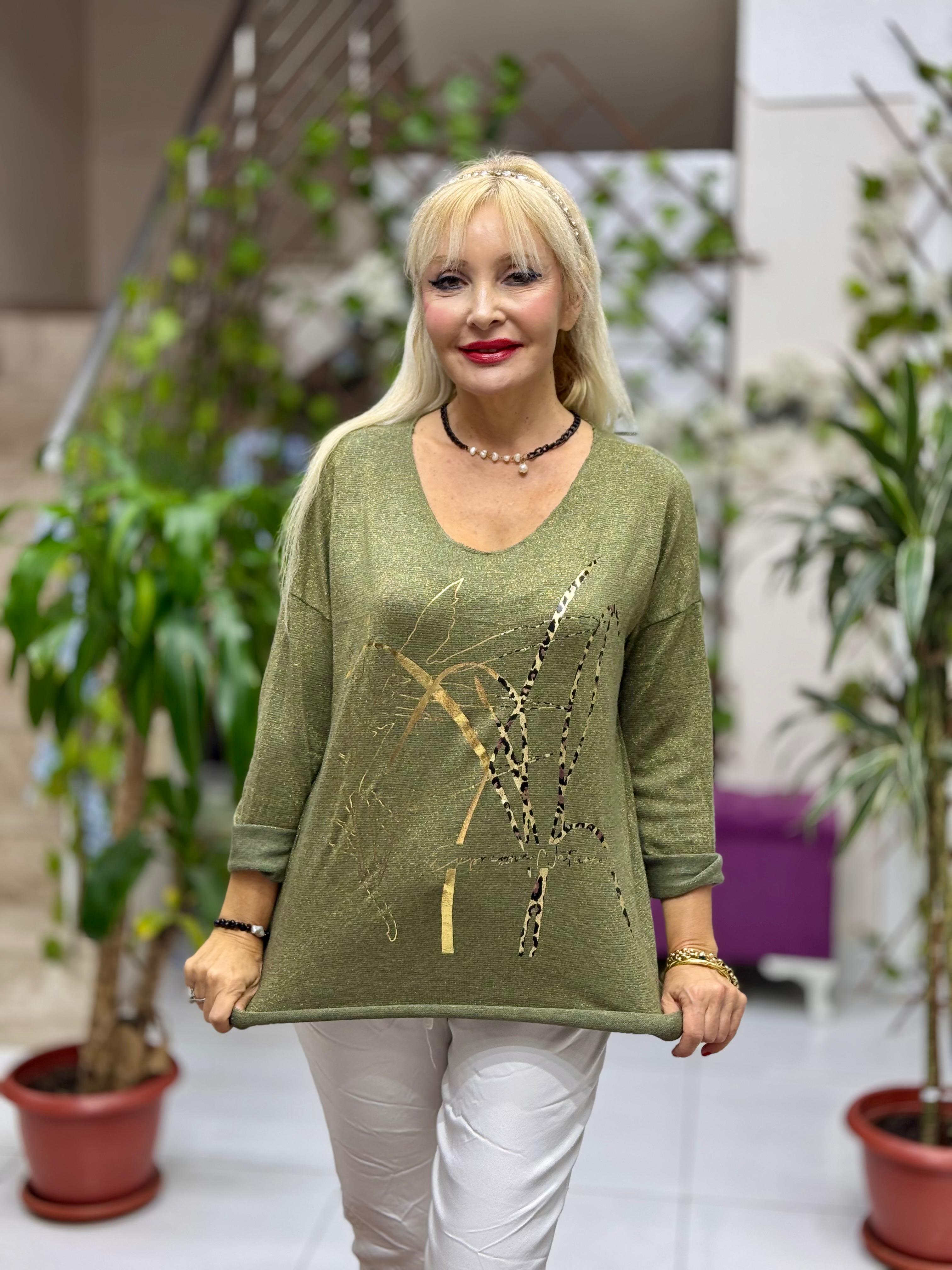 YG11773 Leopar Baskılı İtalyan Triko Bluz Haki