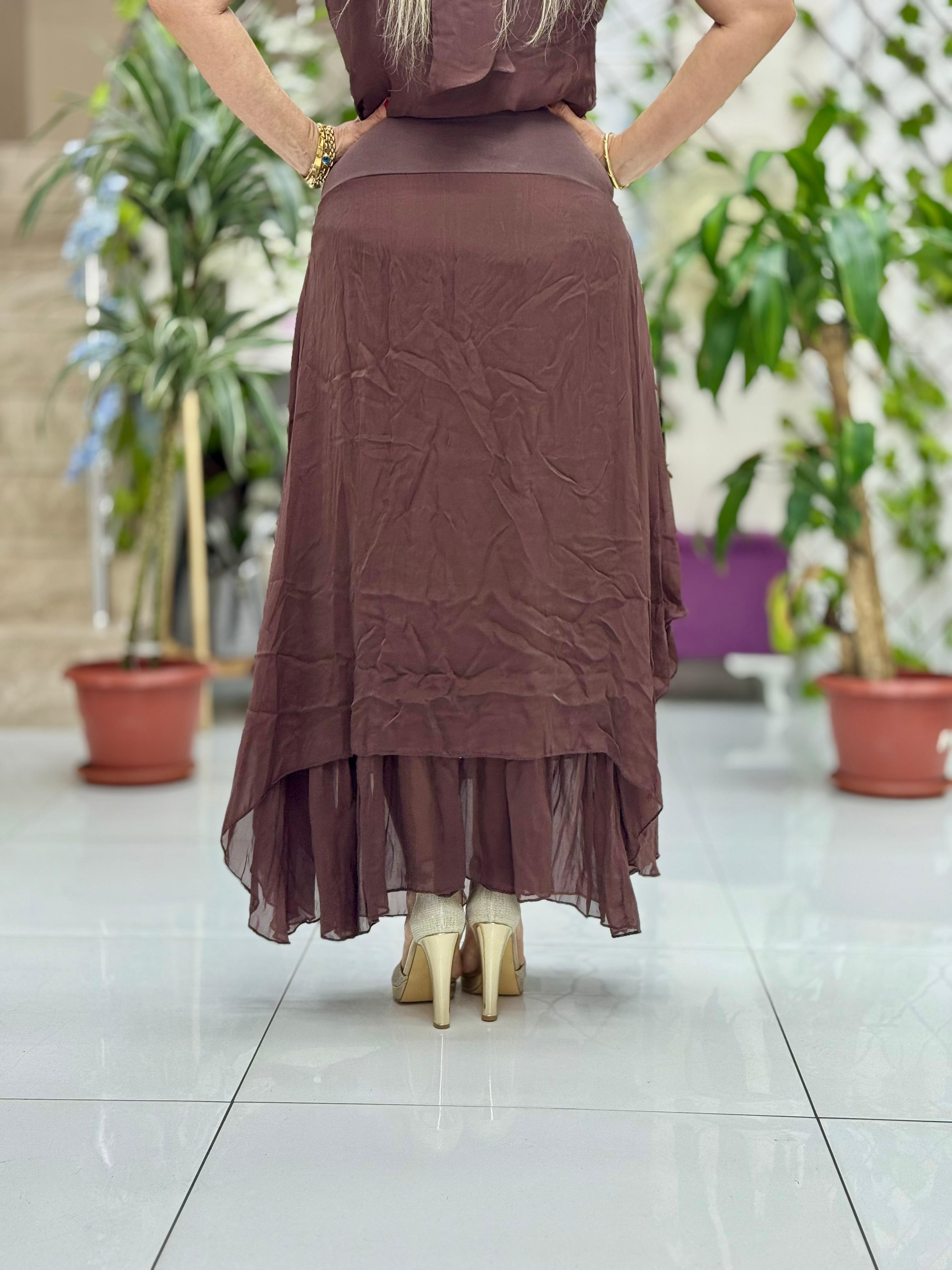 LS79796 Önden Bağlamalı İtalyan İpek Etek Kahve
