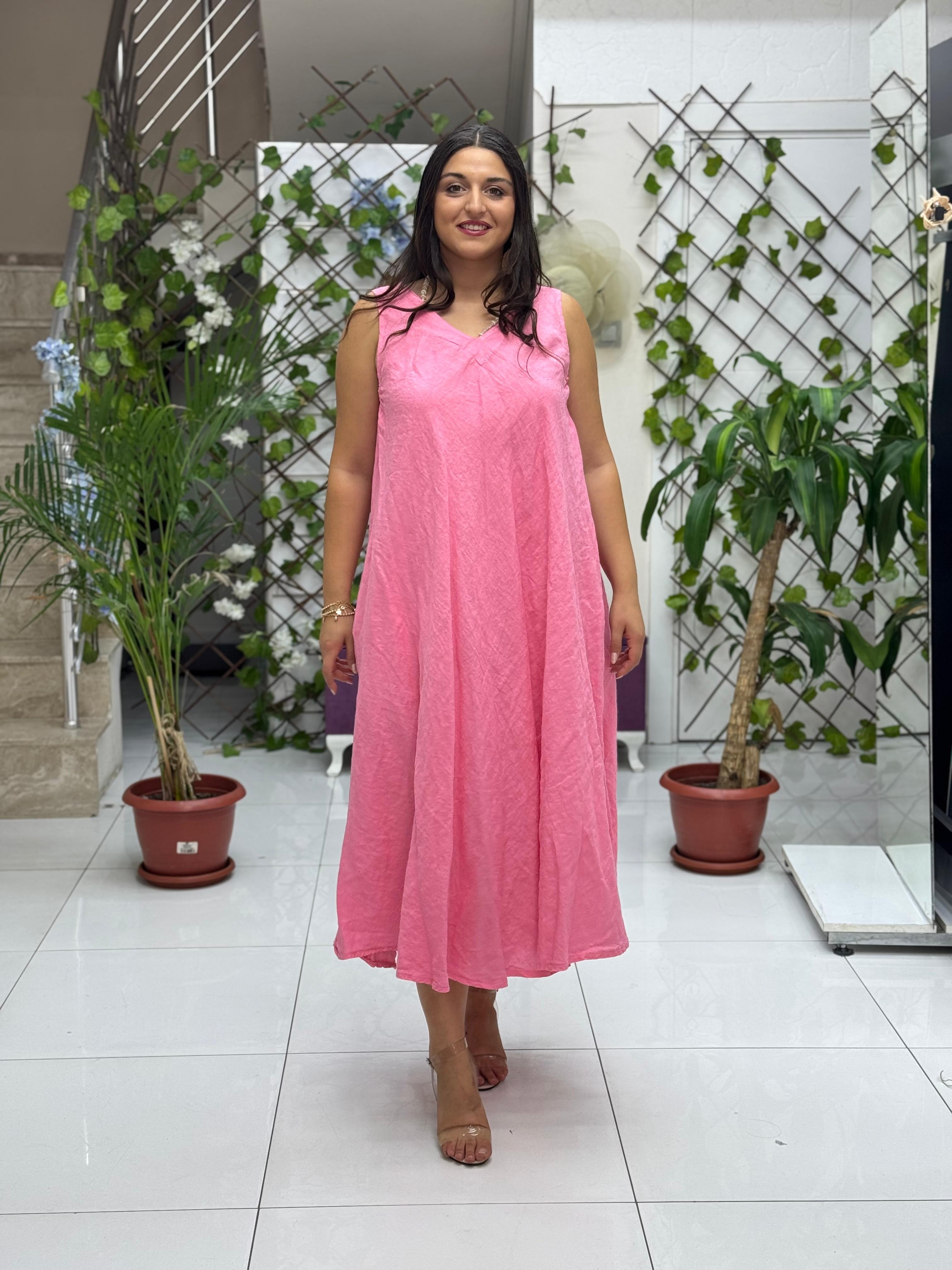 NC14916 İtalyan Kolsuz Keten Elbise Açık Pembe